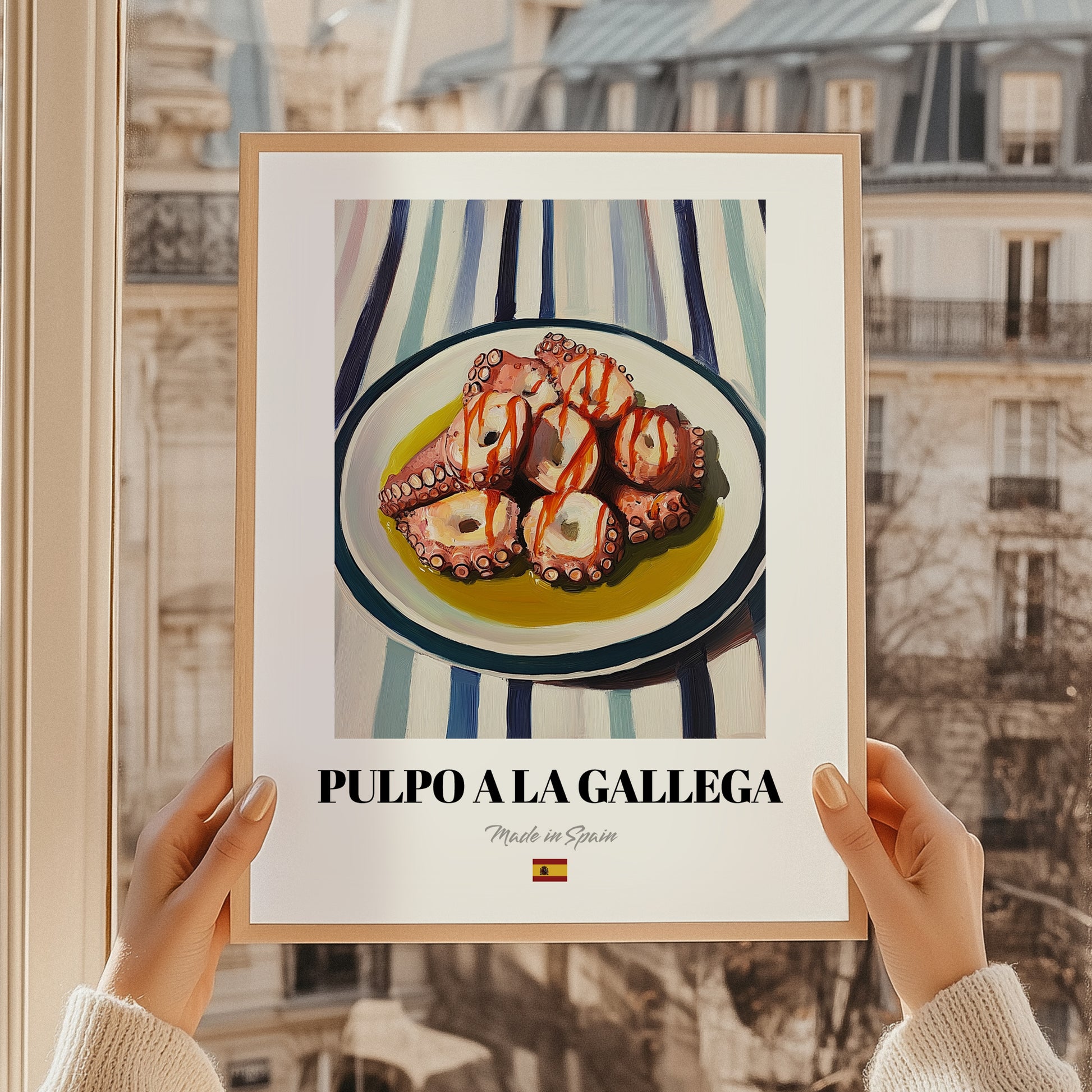 Pulpo a la Gallega – on Striped Tablecloth, Spanish Food Illustration, styled in a charming Paris street view
