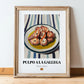 Pulpo a la Gallega – on Striped Tablecloth, Spanish Food Illustration, in wooden frame leaning on the floor