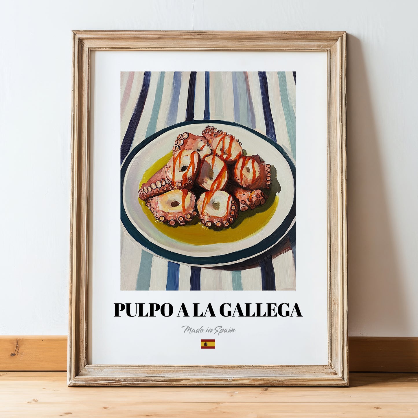 Pulpo a la Gallega – on Striped Tablecloth, Spanish Food Illustration, in wooden frame leaning on the floor