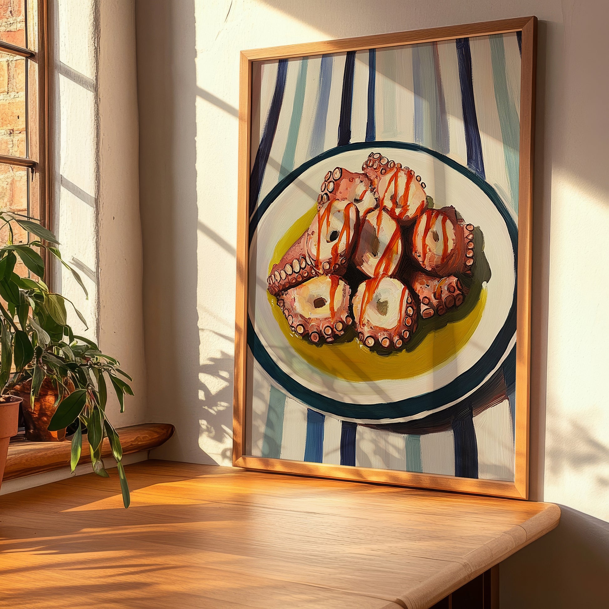 Pulpo a la Gallega – on Striped Tablecloth, Spanish Food Illustration, clean layout with no caption