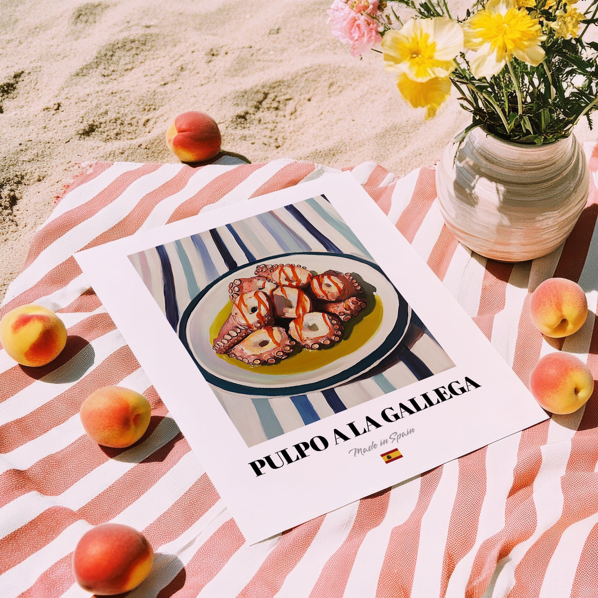 Pulpo a la Gallega – on Striped Tablecloth, Spanish Food Illustration, unframed on coastal sand