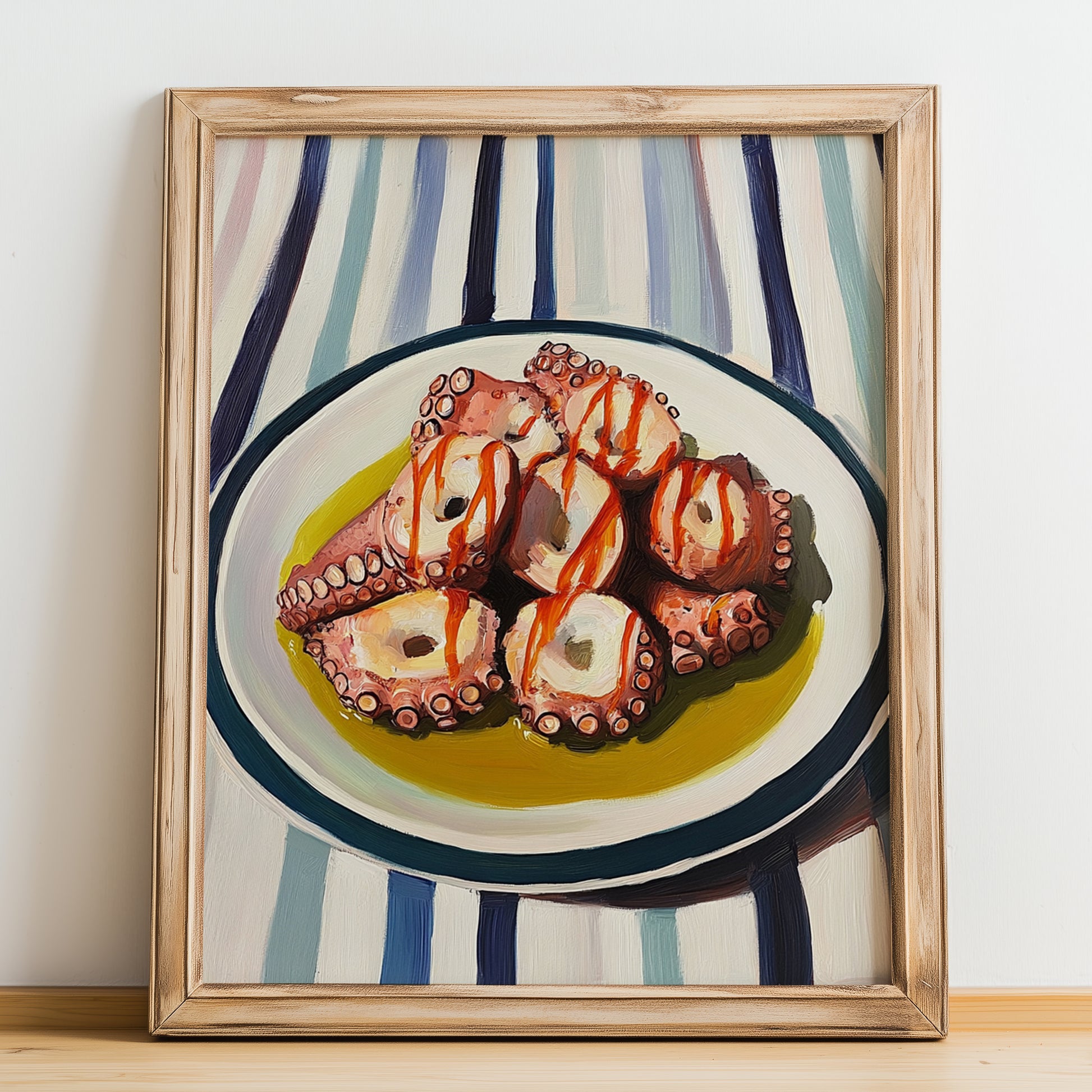 Pulpo a la Gallega – on Striped Tablecloth, Spanish Food Illustration, no-text version framed in wood