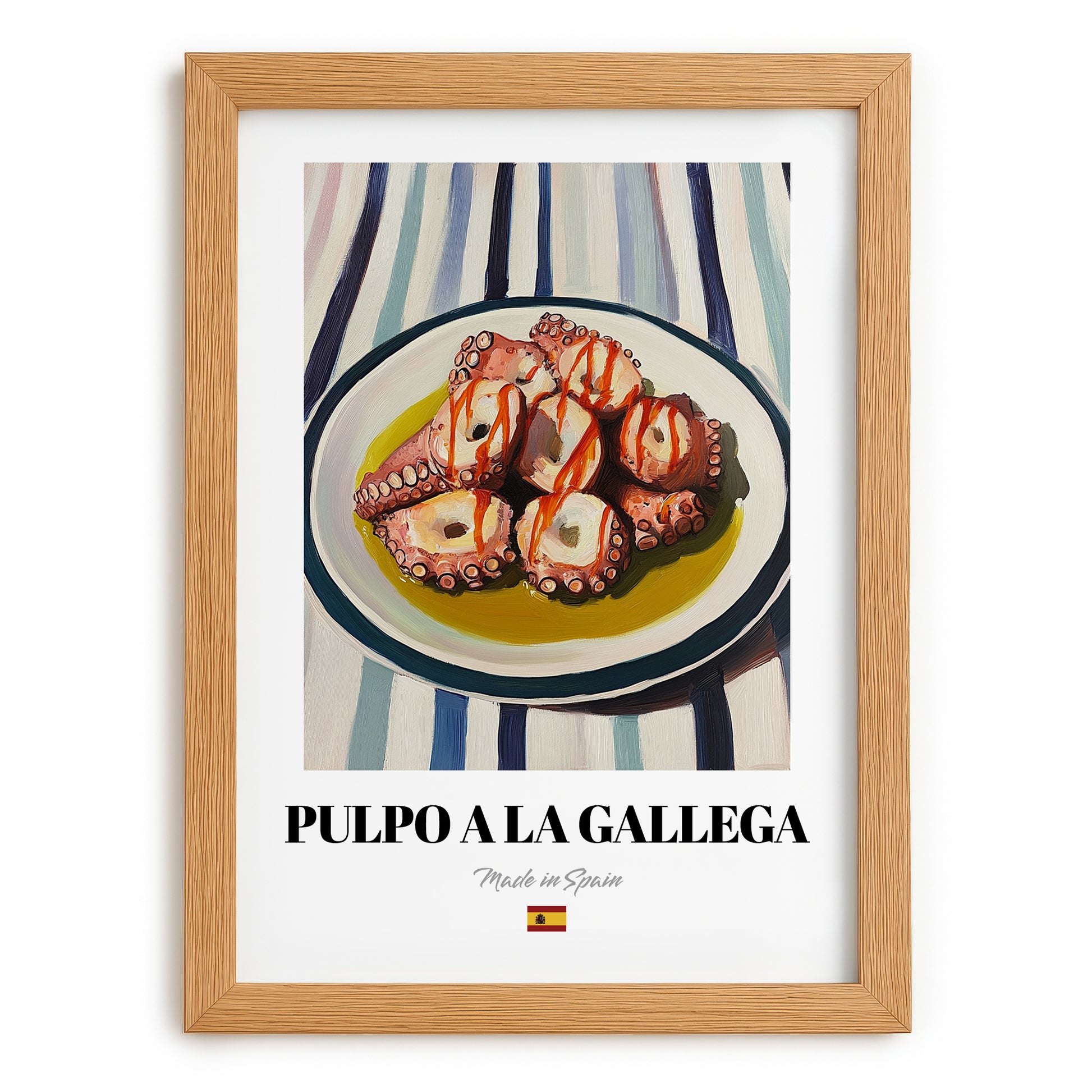 Pulpo a la Gallega – on Striped Tablecloth, Spanish Food Illustration, set in oak frame