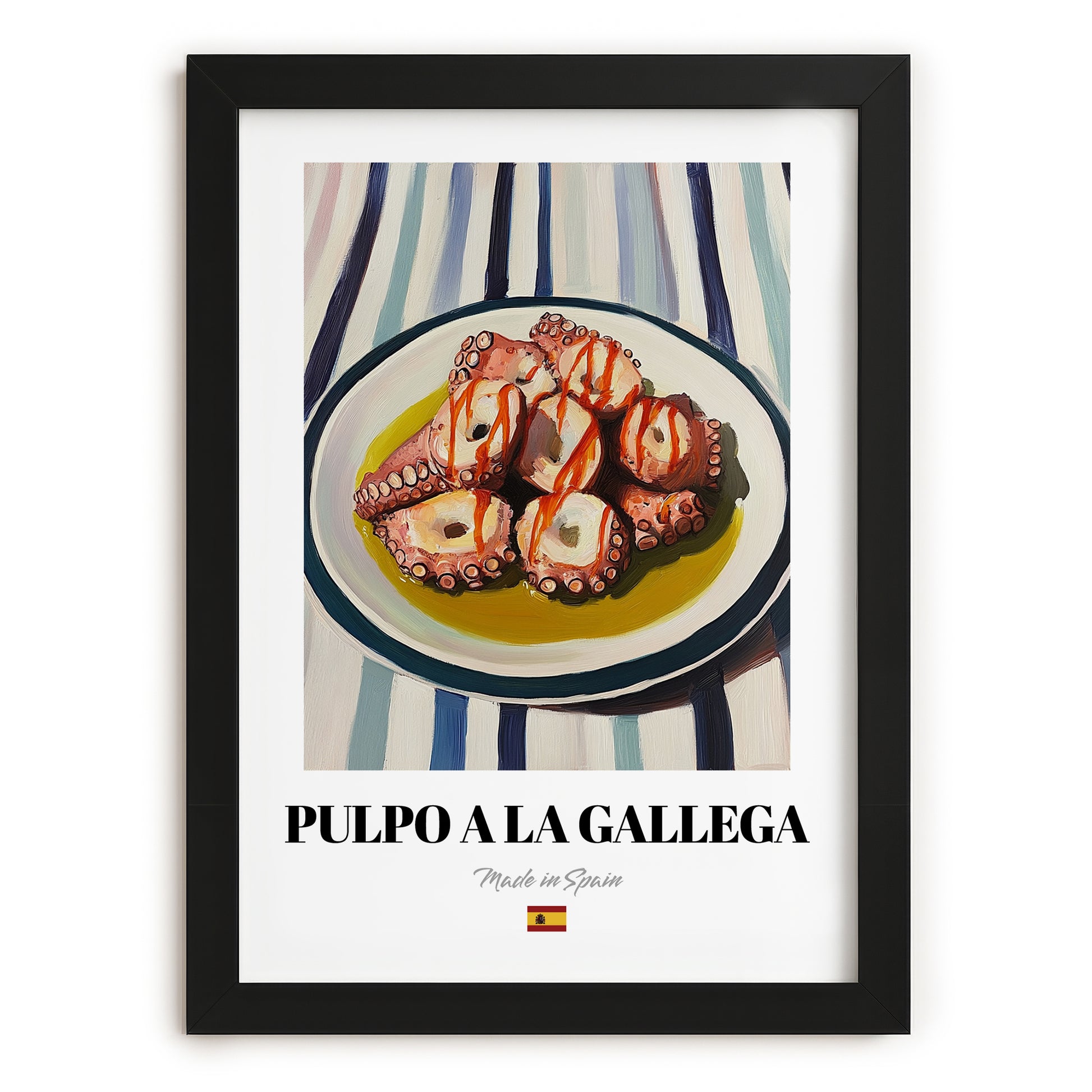 Pulpo a la Gallega – on Striped Tablecloth, Spanish Food Illustration, in sleek black frame