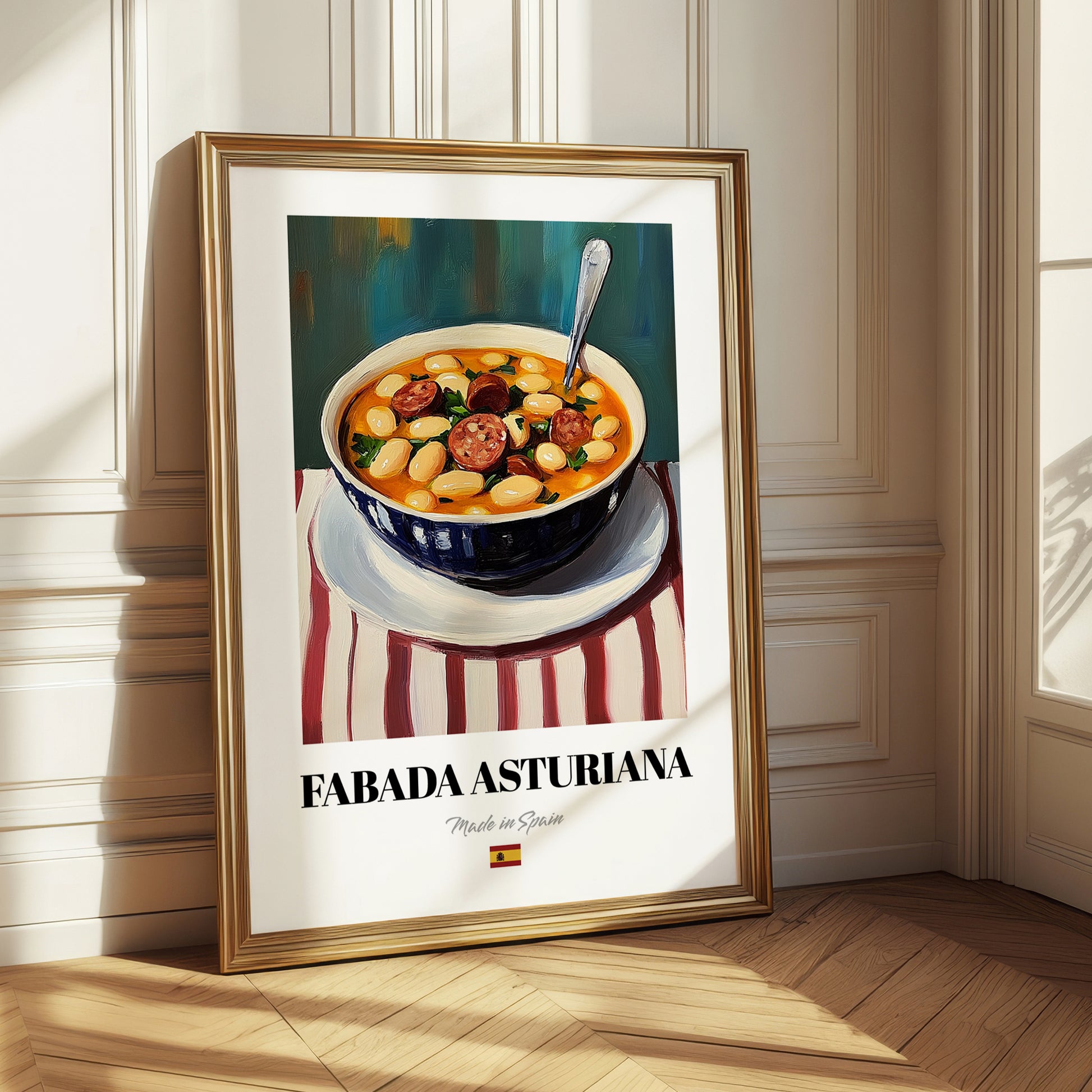 Fabada Asturiana – on Striped Tablecloth, Spanish Food Wall Art