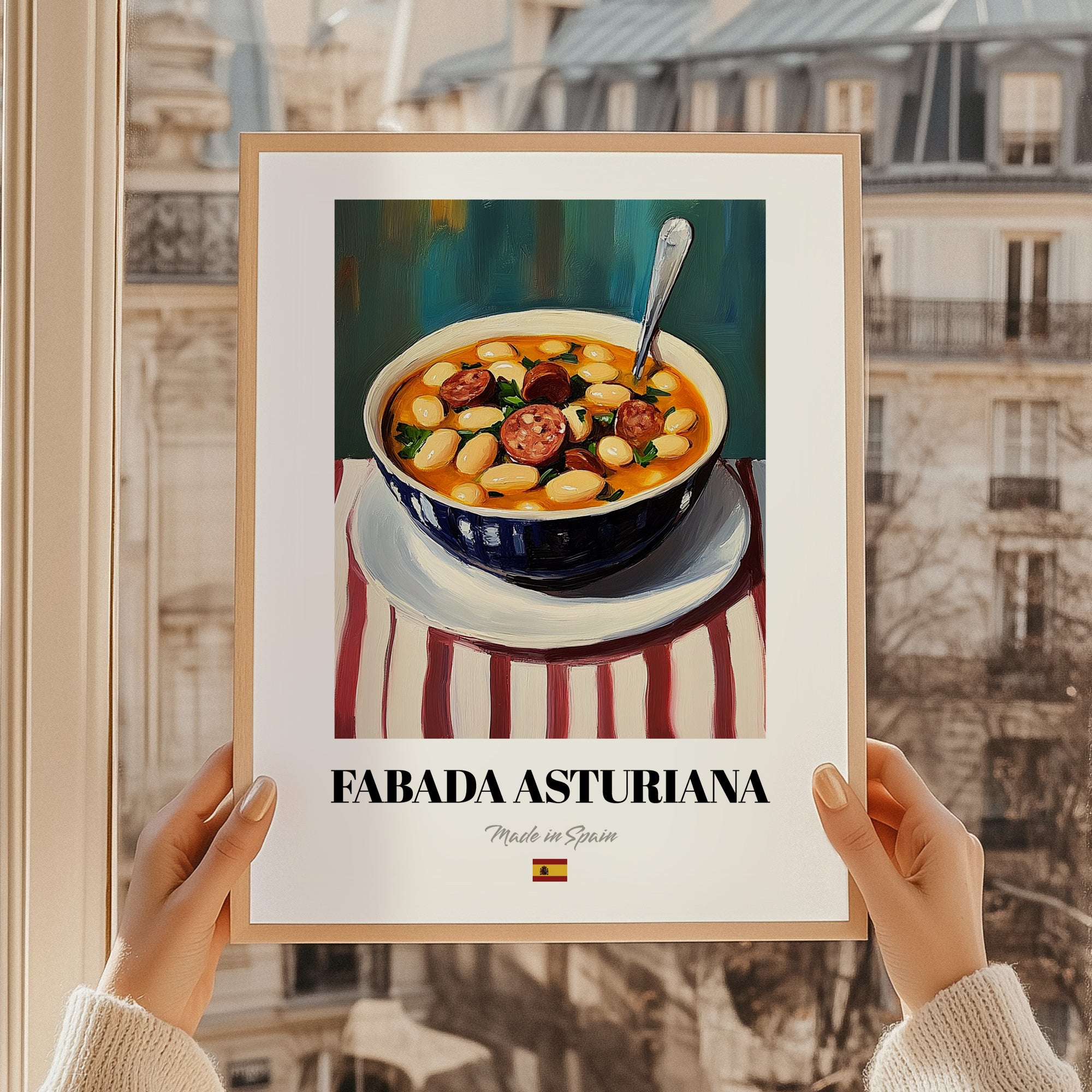 Fabada Asturiana – on Striped Tablecloth, Spanish Food Wall Art, styled in a charming Paris street view