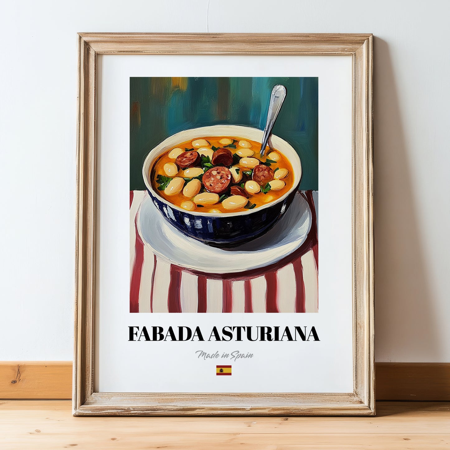 Fabada Asturiana – on Striped Tablecloth, Spanish Food Wall Art, in wooden frame leaning on the floor