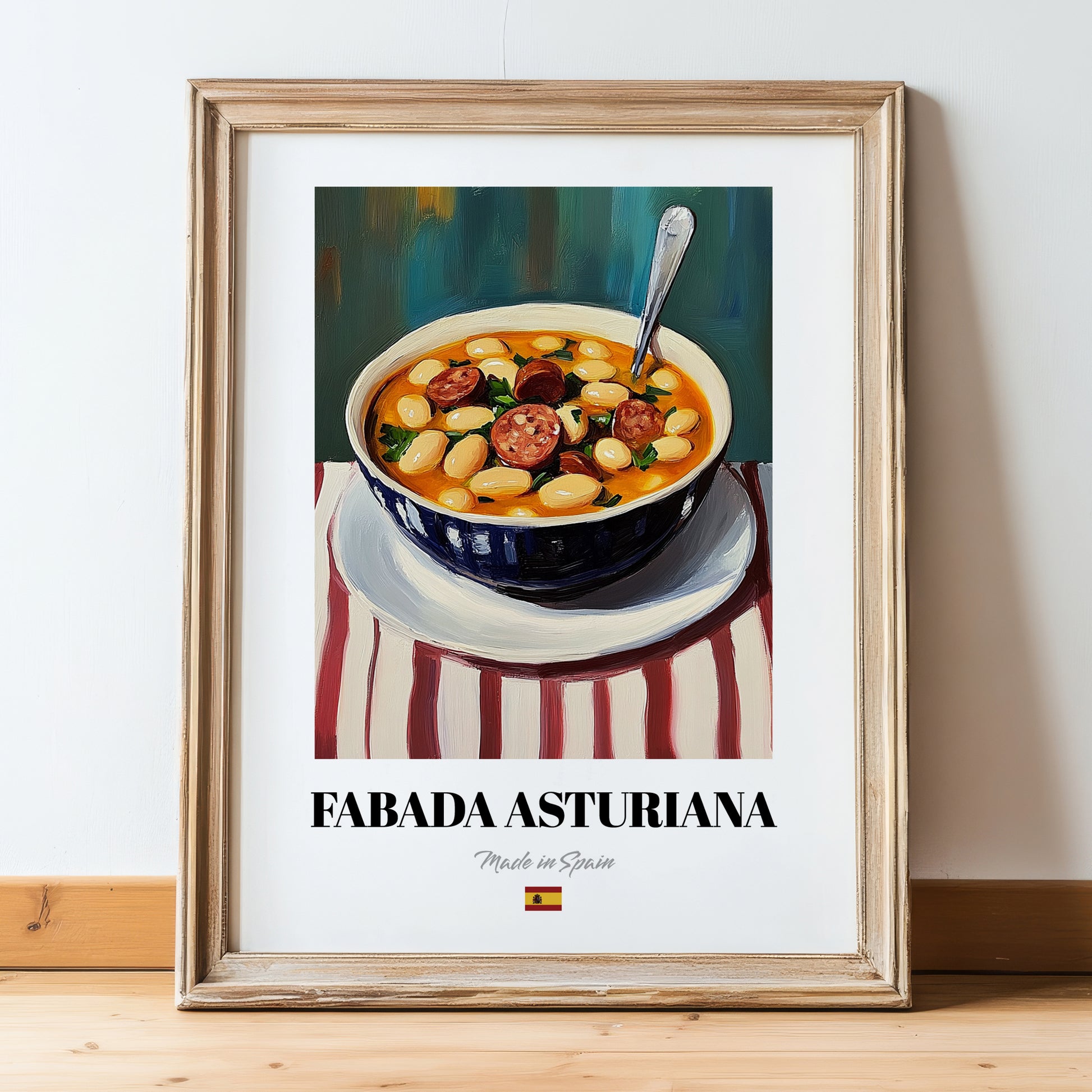 Fabada Asturiana – on Striped Tablecloth, Spanish Food Wall Art, in wooden frame leaning on the floor