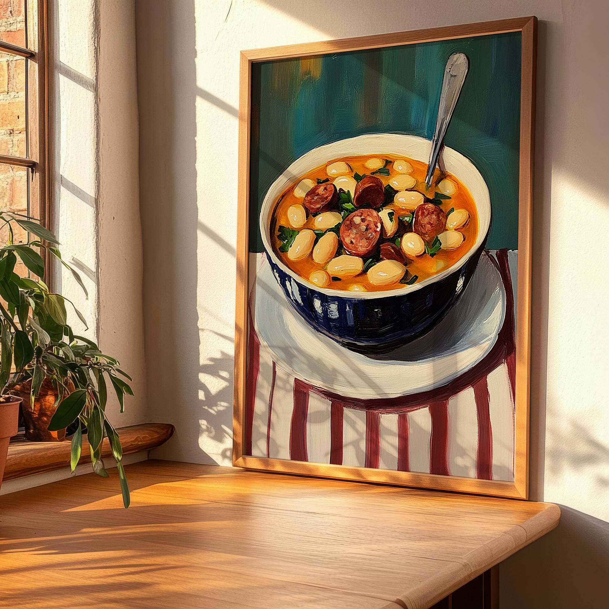 Fabada Asturiana – on Striped Tablecloth, Spanish Food Wall Art, clean layout with no caption