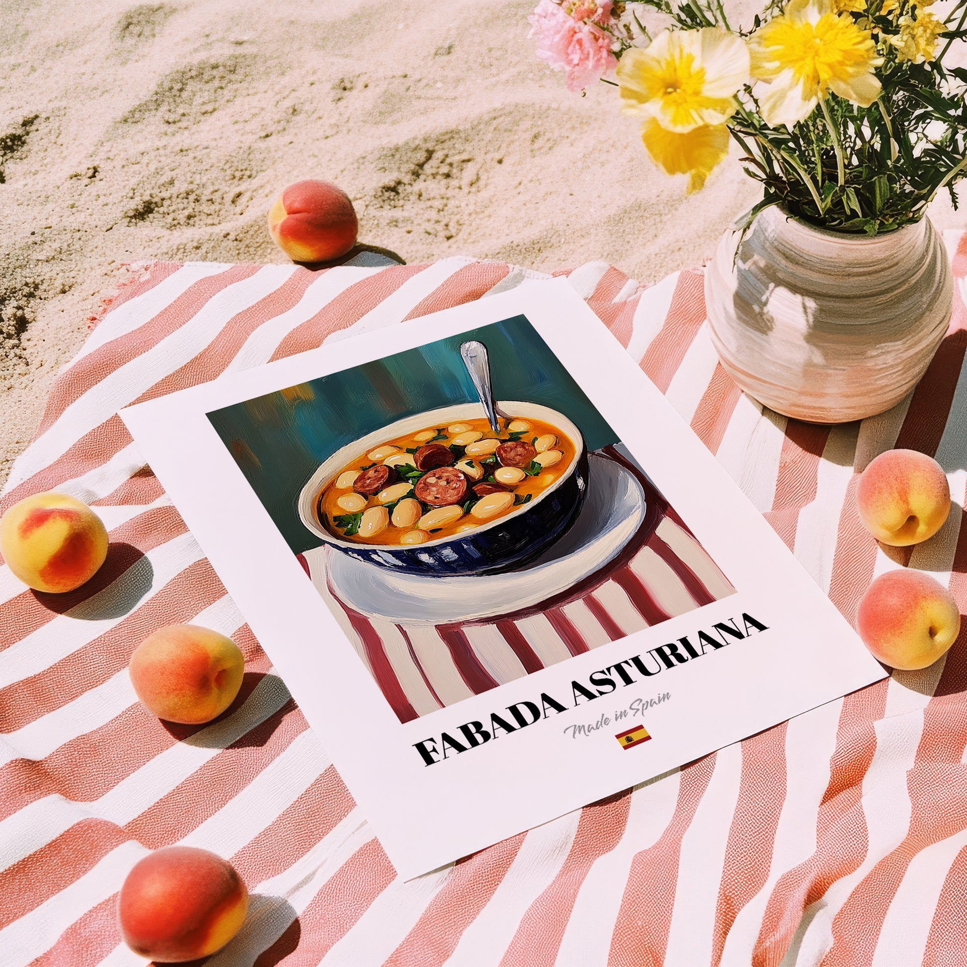 Fabada Asturiana – on Striped Tablecloth, Spanish Food Wall Art, unframed on coastal sand