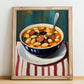 Fabada Asturiana – on Striped Tablecloth, Spanish Food Wall Art, no-text version framed in wood