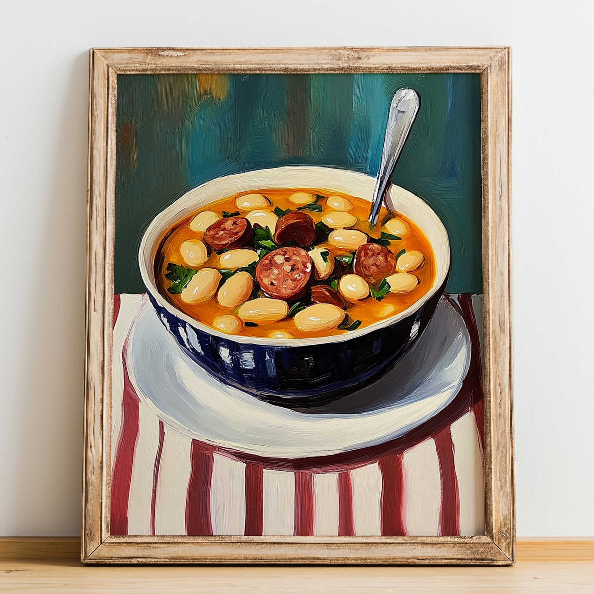 Fabada Asturiana – on Striped Tablecloth, Spanish Food Wall Art, no-text version framed in wood