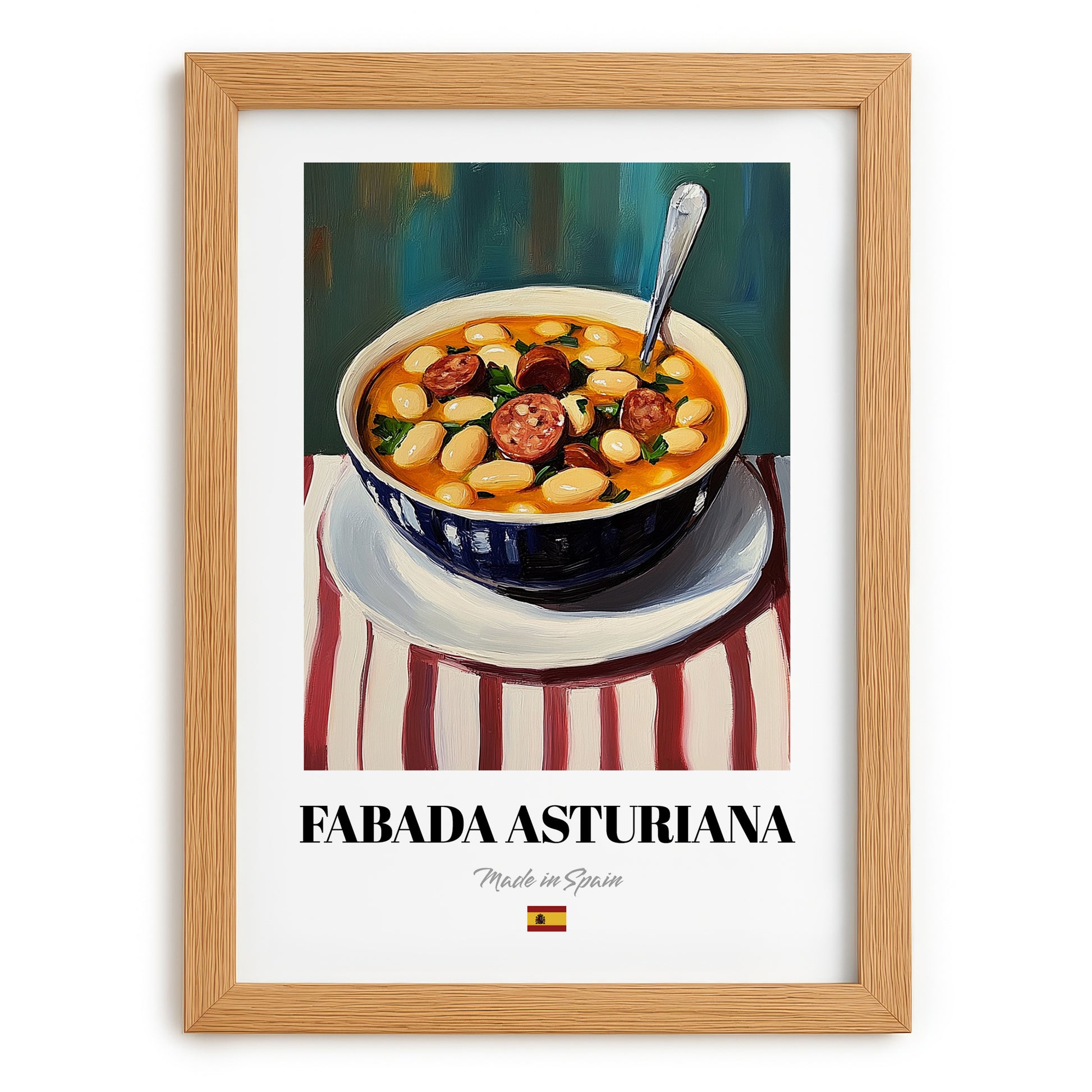 Fabada Asturiana – on Striped Tablecloth, Spanish Food Wall Art, set in oak frame