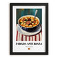 Fabada Asturiana – on Striped Tablecloth, Spanish Food Wall Art, in sleek black frame