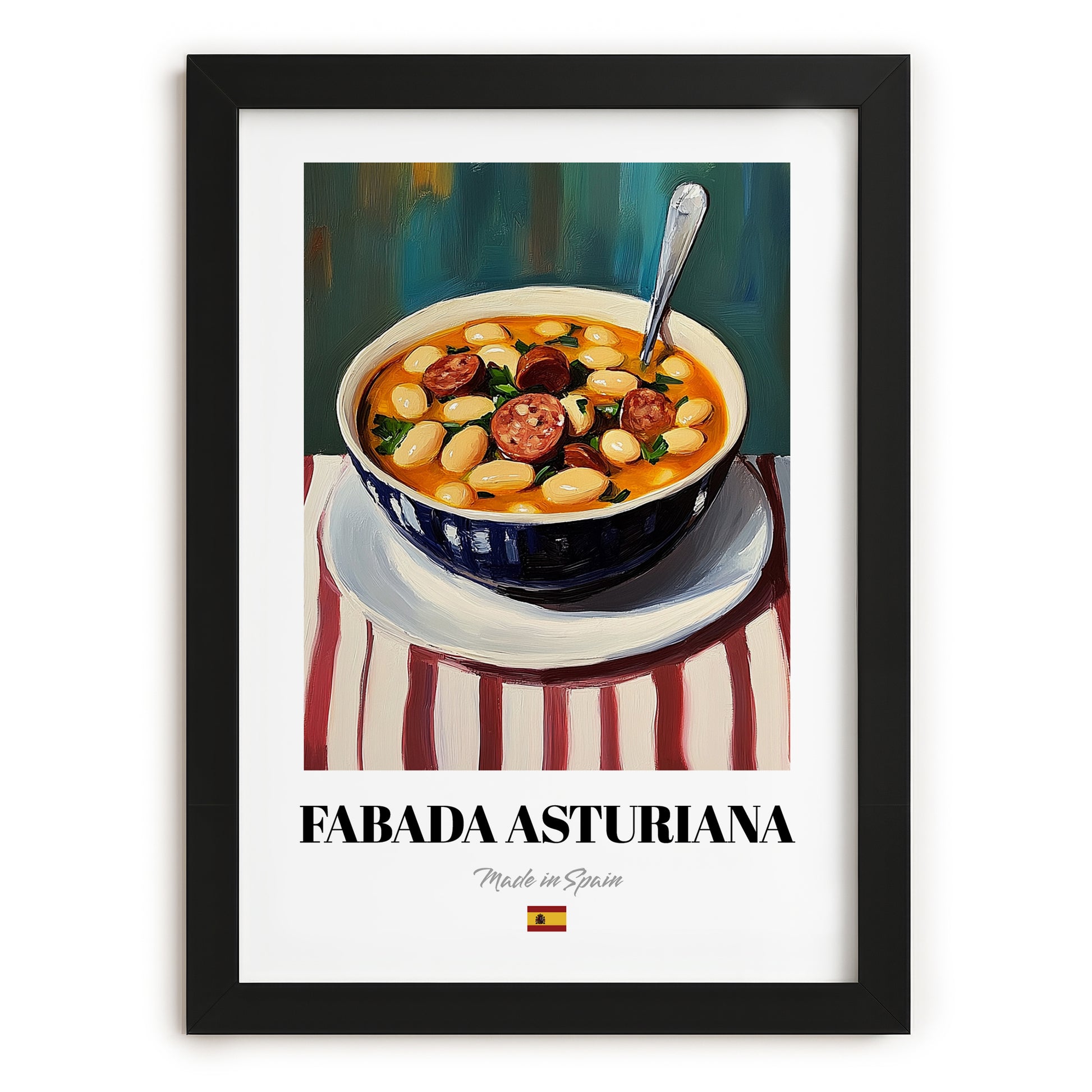 Fabada Asturiana – on Striped Tablecloth, Spanish Food Wall Art, in sleek black frame