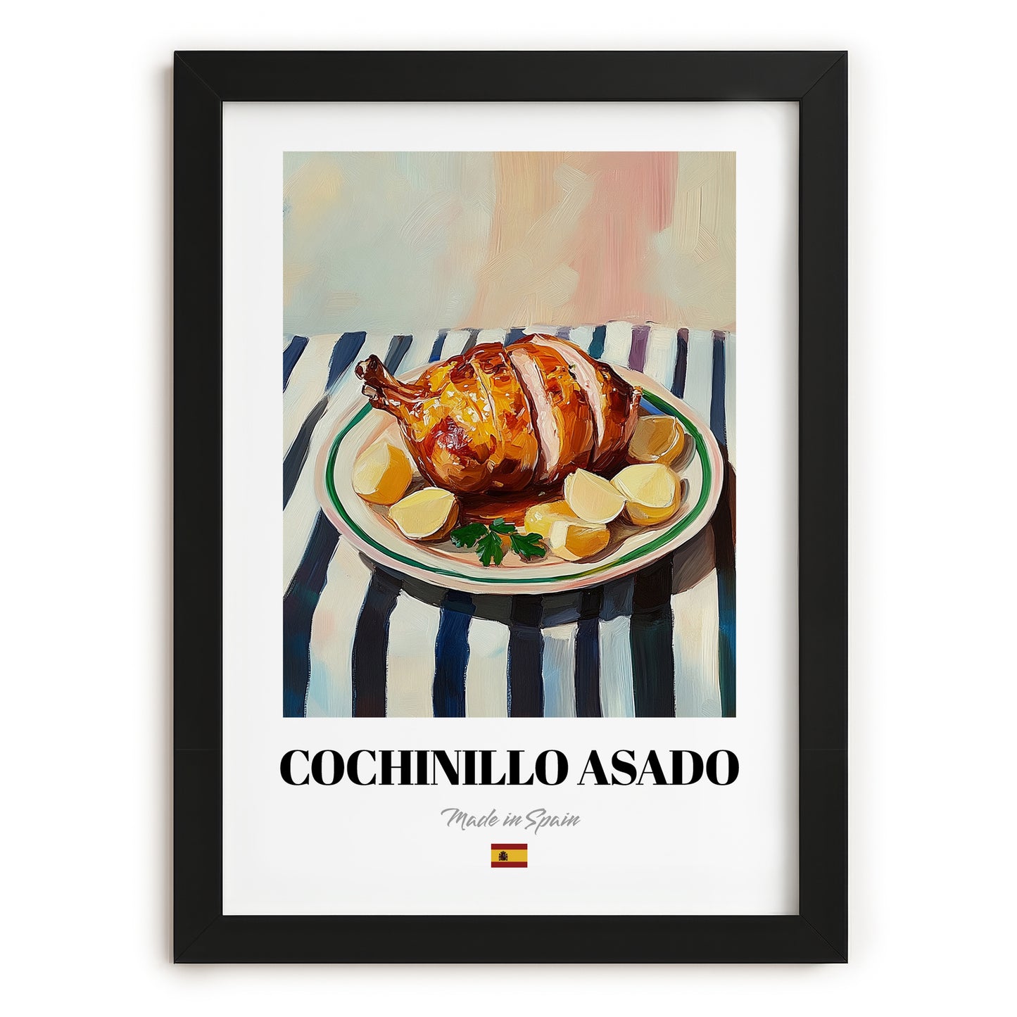Cochinillo Asado – on Striped Tablecloth, Spanish Food Wall Decor, in sleek black frame