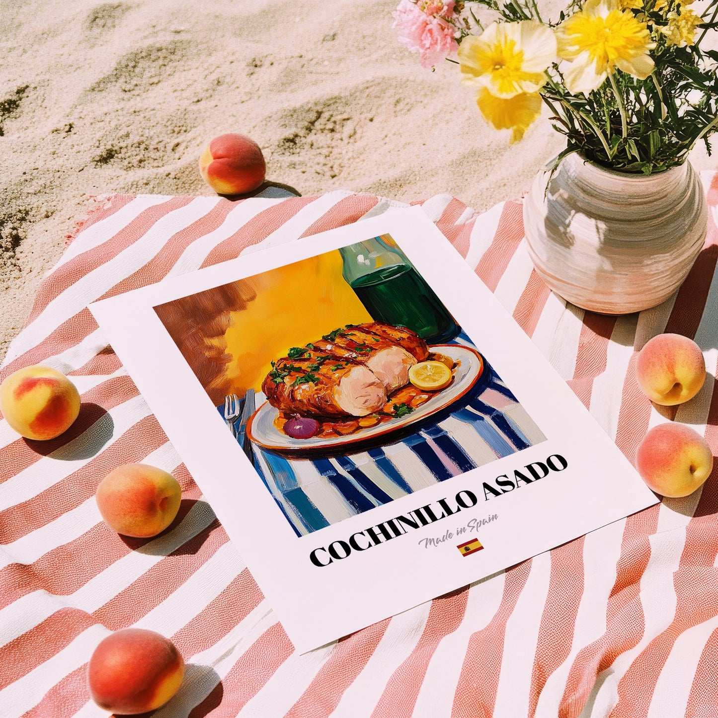 Cochinillo Asado – Colorful Oil Painting, Spanish Food Wall Art, unframed on coastal sand