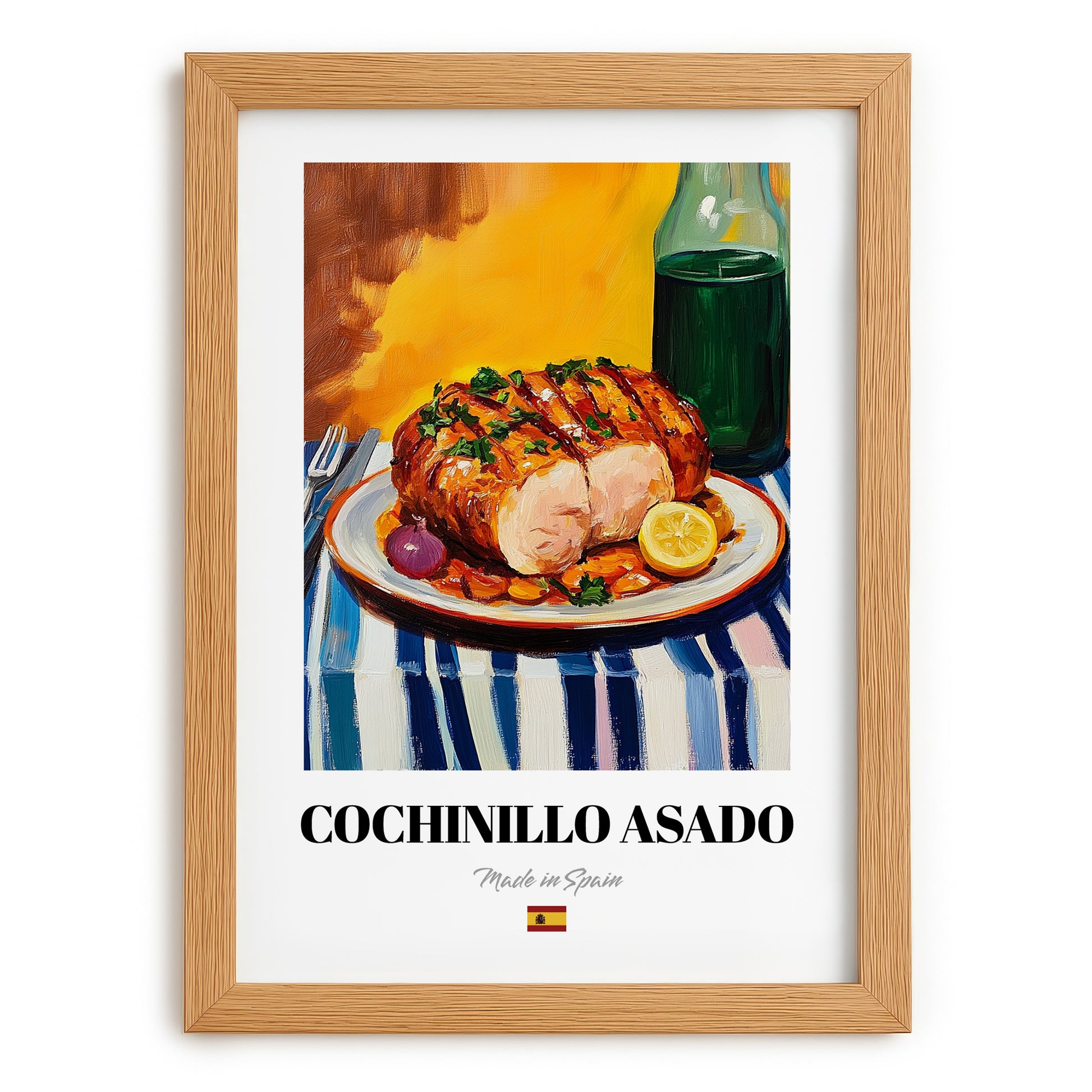 Cochinillo Asado – Colorful Oil Painting, Spanish Food Wall Art, set in oak frame
