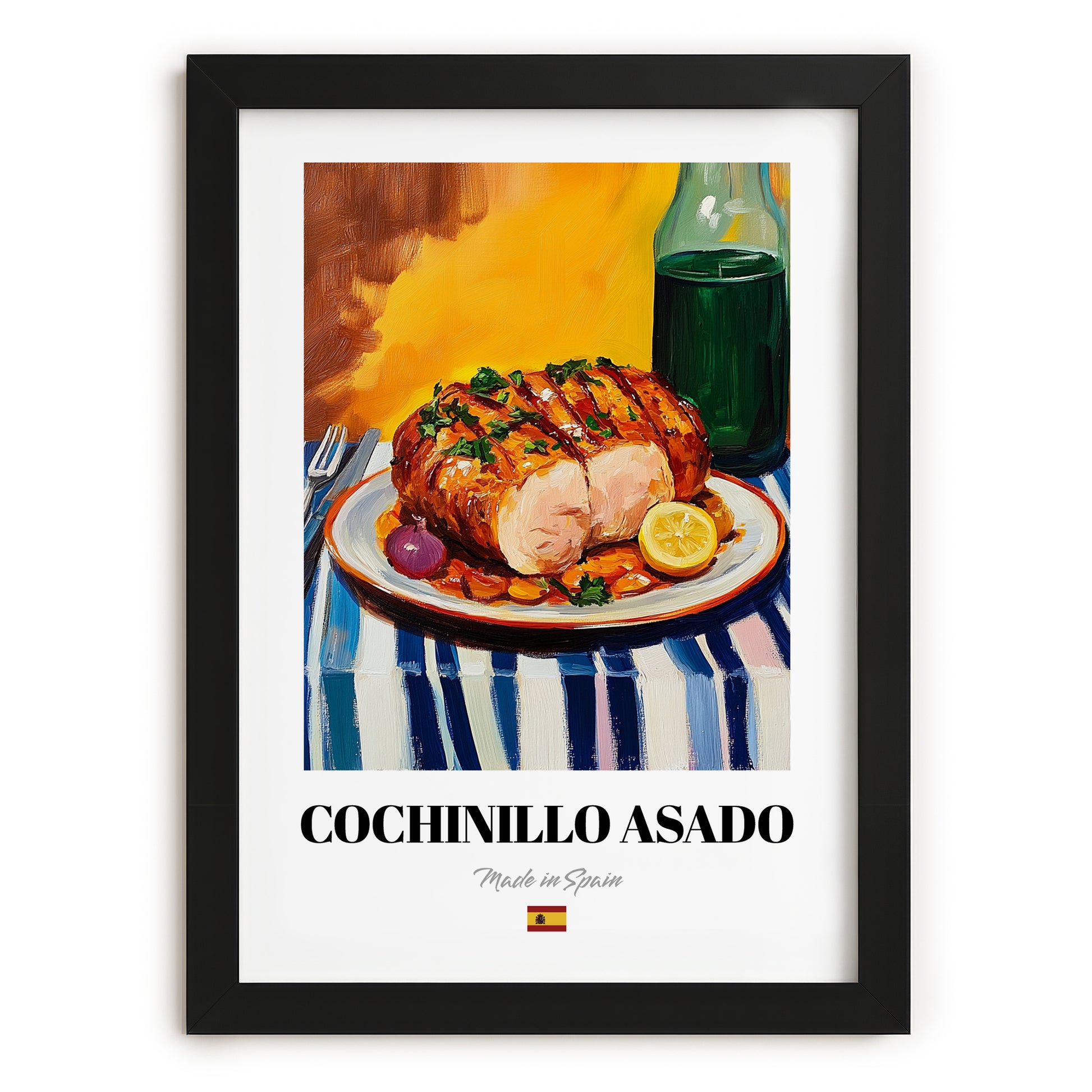 Cochinillo Asado – Colorful Oil Painting, Spanish Food Wall Art, in sleek black frame