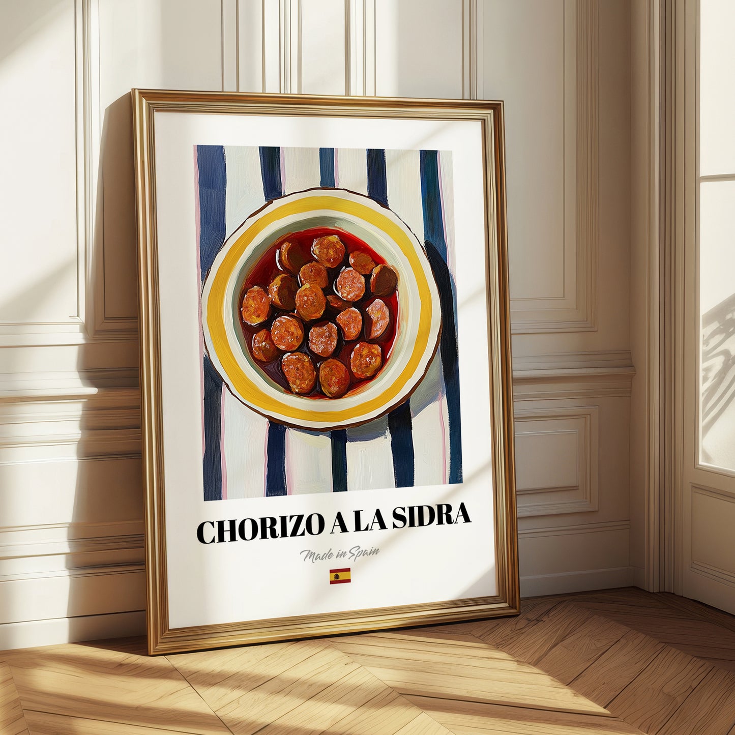 Chorizo a la Sidra – on Striped Tablecloth, Spanish Food Illustration