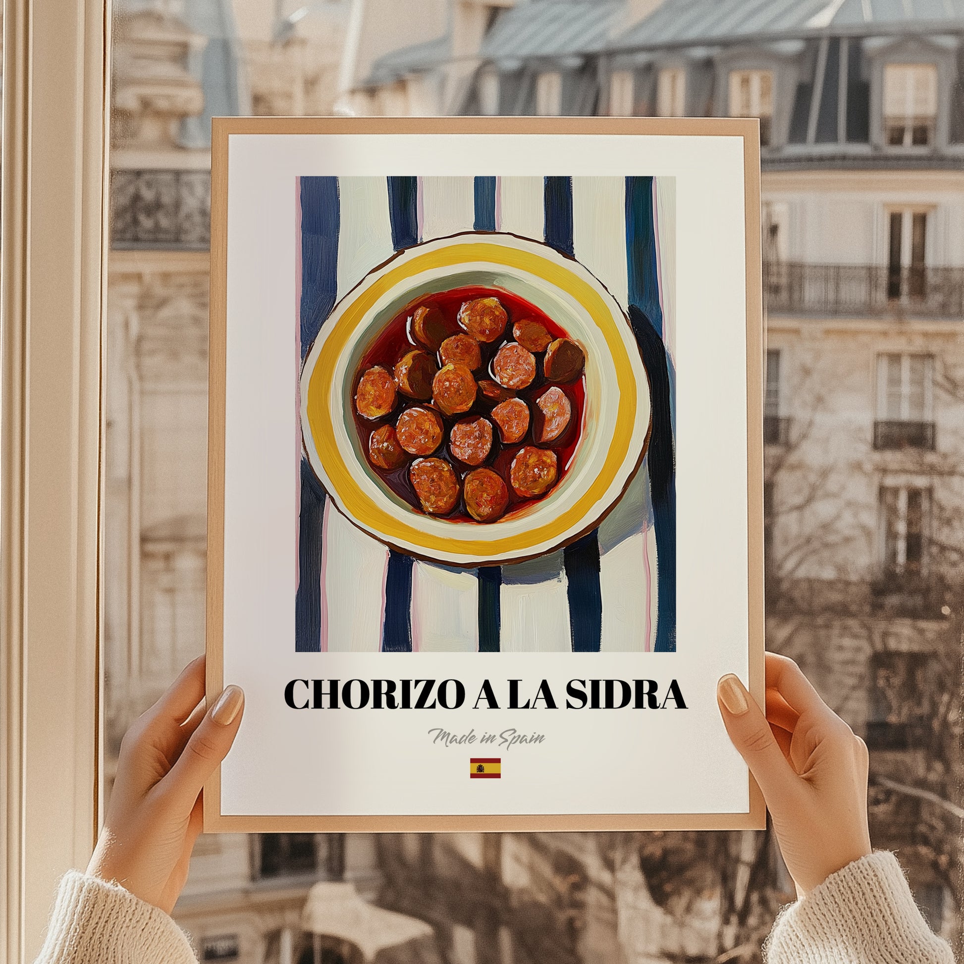 Chorizo a la Sidra – on Striped Tablecloth, Spanish Food Illustration, styled in a charming Paris street view