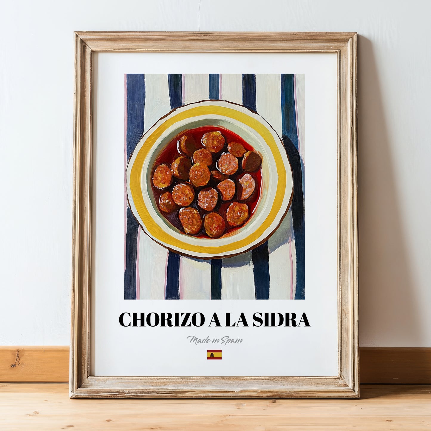 Chorizo a la Sidra – on Striped Tablecloth, Spanish Food Illustration, in wooden frame leaning on the floor