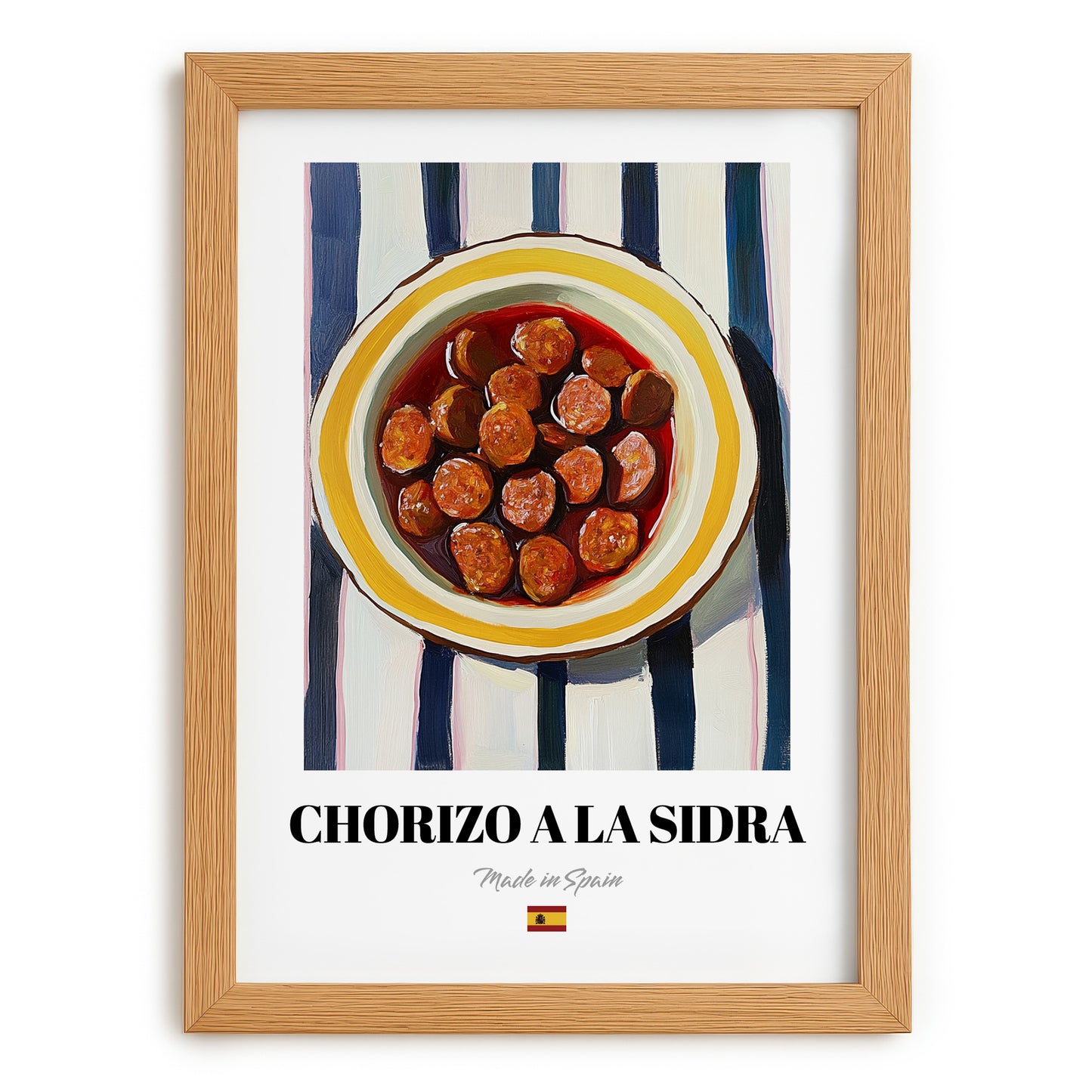 Chorizo a la Sidra – on Striped Tablecloth, Spanish Food Illustration, set in oak frame