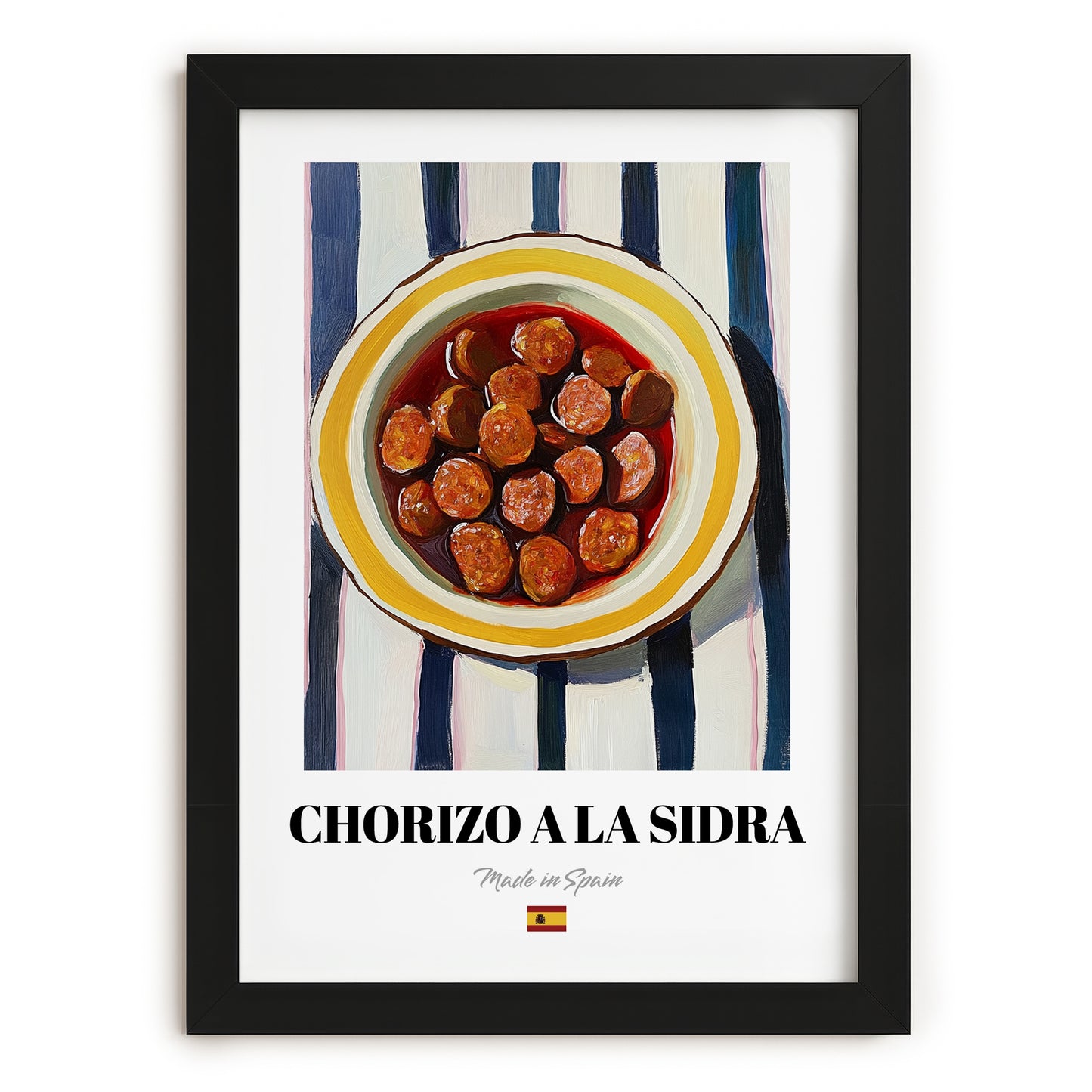 Chorizo a la Sidra – on Striped Tablecloth, Spanish Food Illustration, in sleek black frame