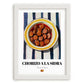 Chorizo a la Sidra – on Striped Tablecloth, Spanish Food Illustration, placed in minimal white frame