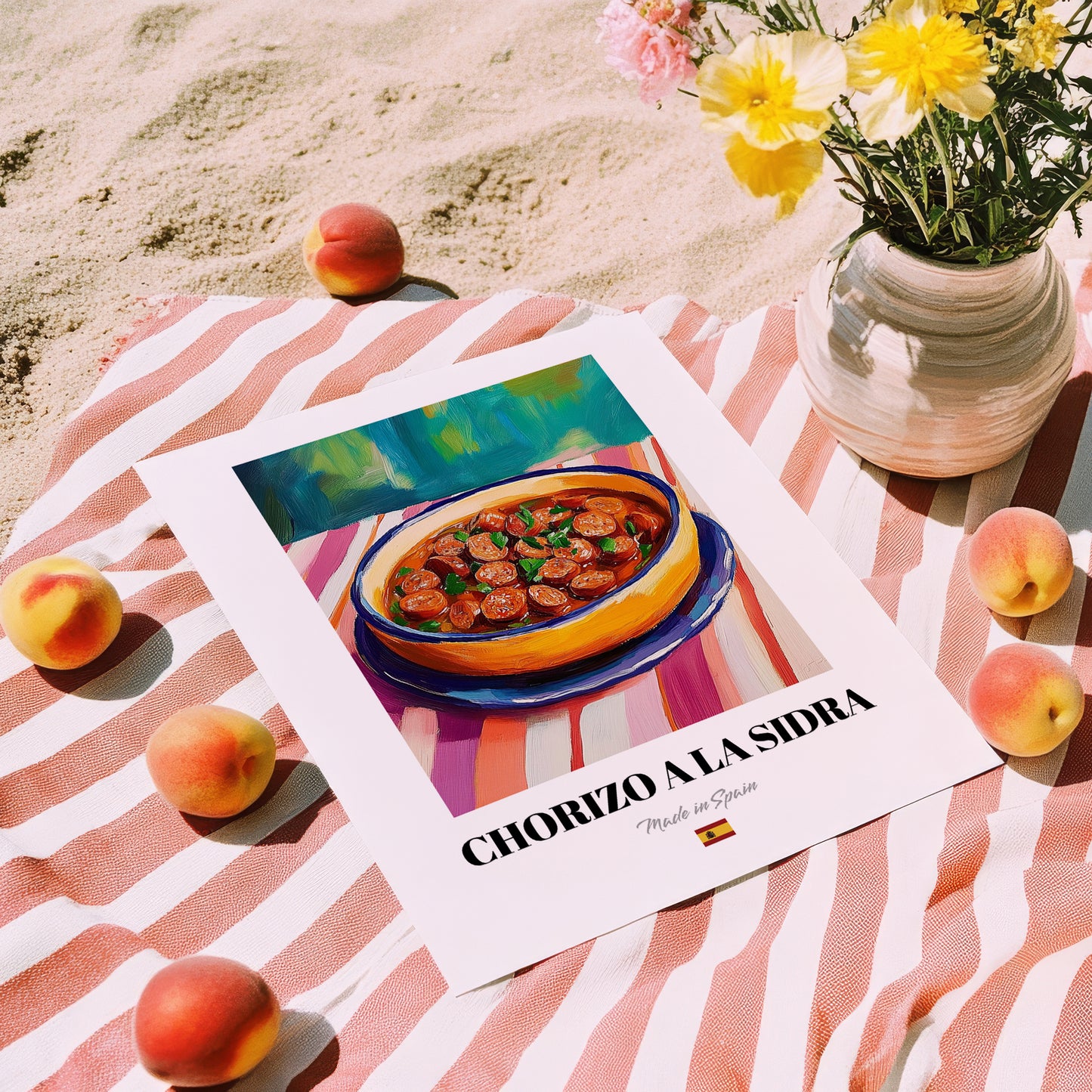 Chorizo a la Sidra – Art, Spanish Food Painting, unframed on coastal sand