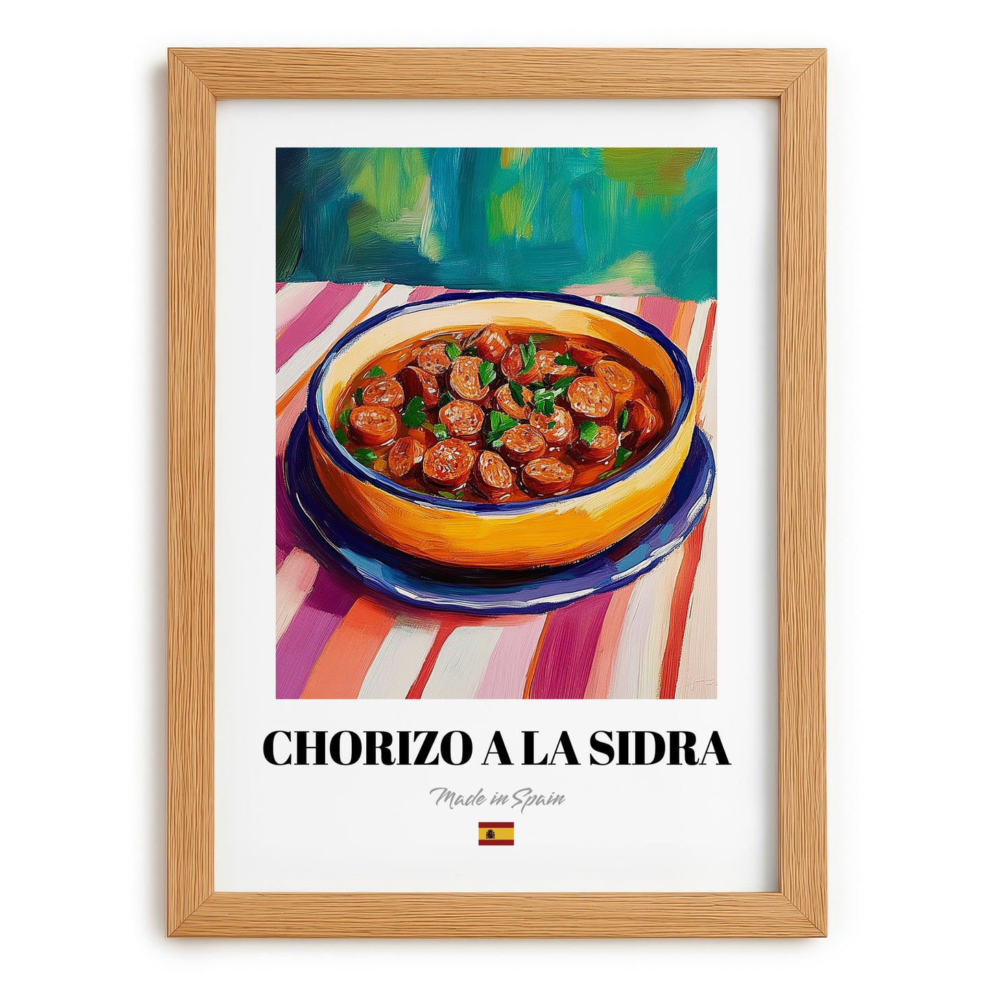 Chorizo a la Sidra – Art, Spanish Food Painting, set in oak frame