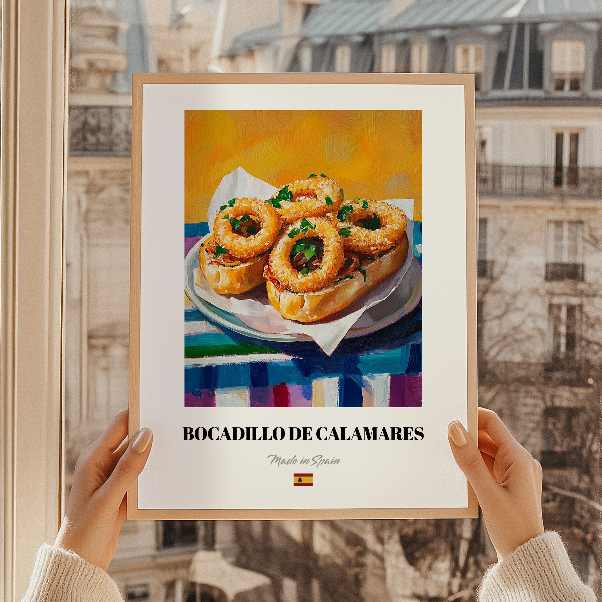 Bocadillo de Calamares – Oil Painting, Spanish Food Poster, styled in a charming Paris street view