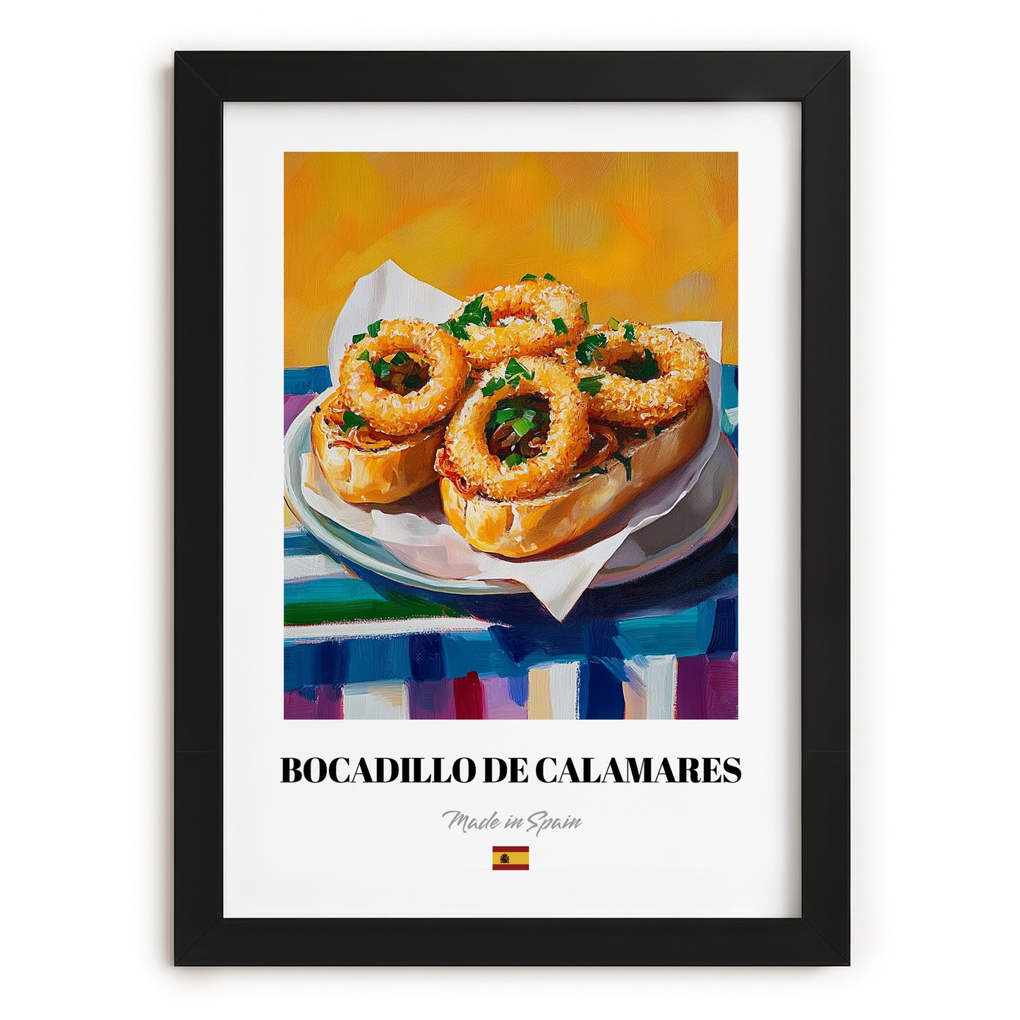 Bocadillo de Calamares – Oil Painting, Spanish Food Poster, in sleek black frame
