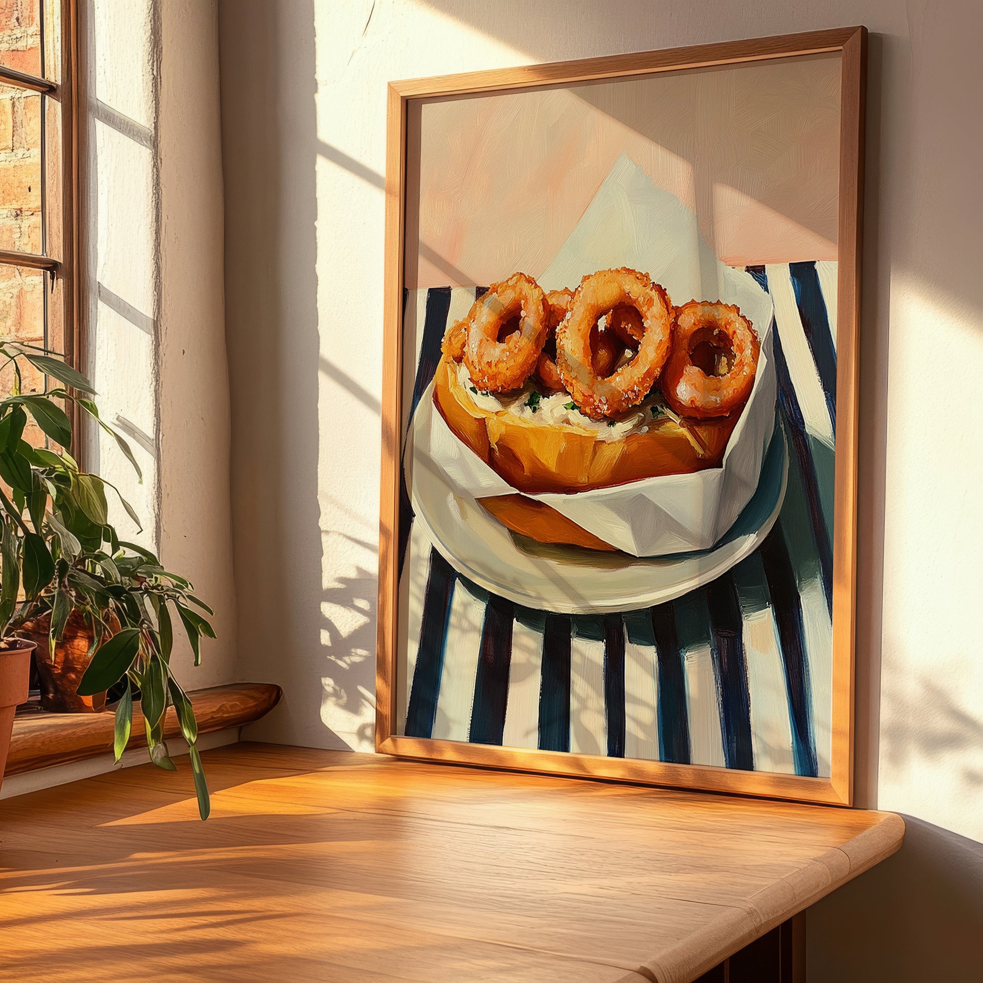 Bocadillo de Calamares – on Striped Tablecloth, Spanish Food Art, clean layout with no caption