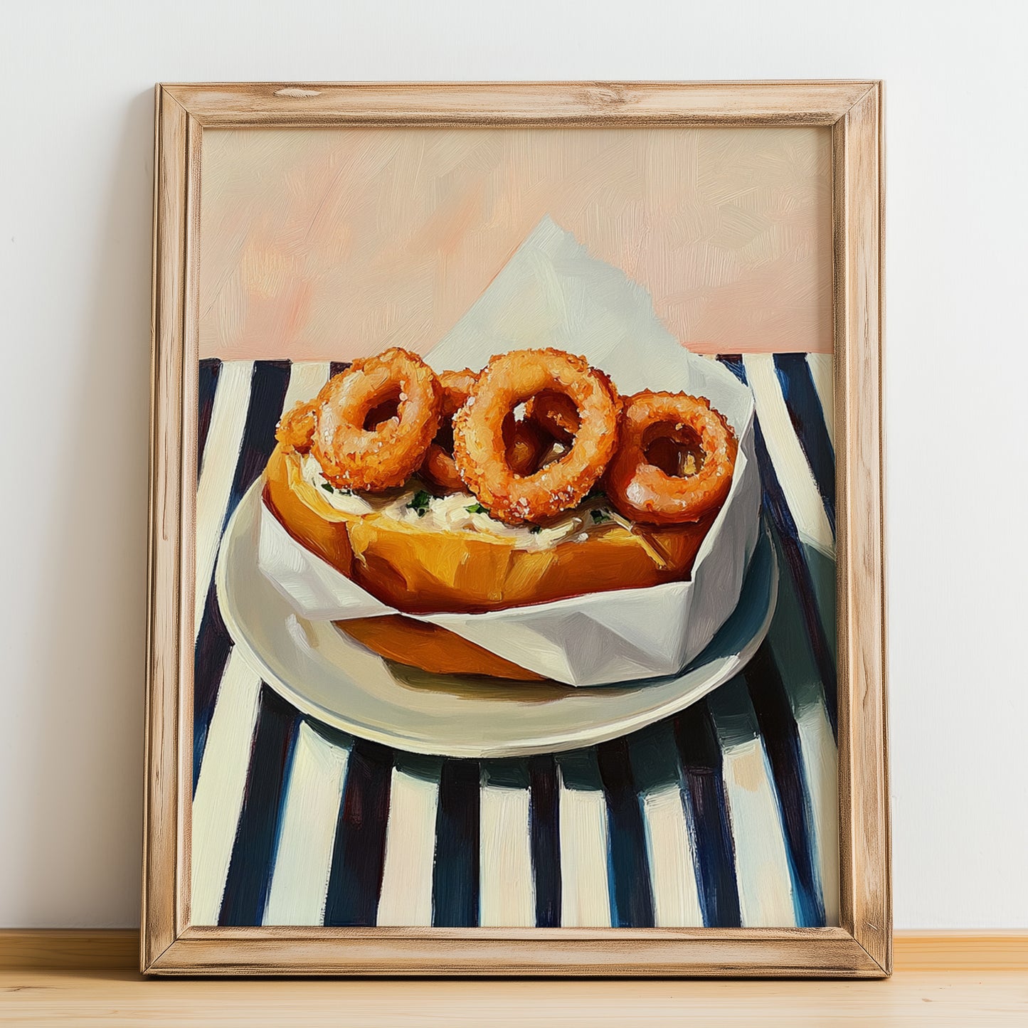 Bocadillo de Calamares – on Striped Tablecloth, Spanish Food Art, no-text version framed in wood
