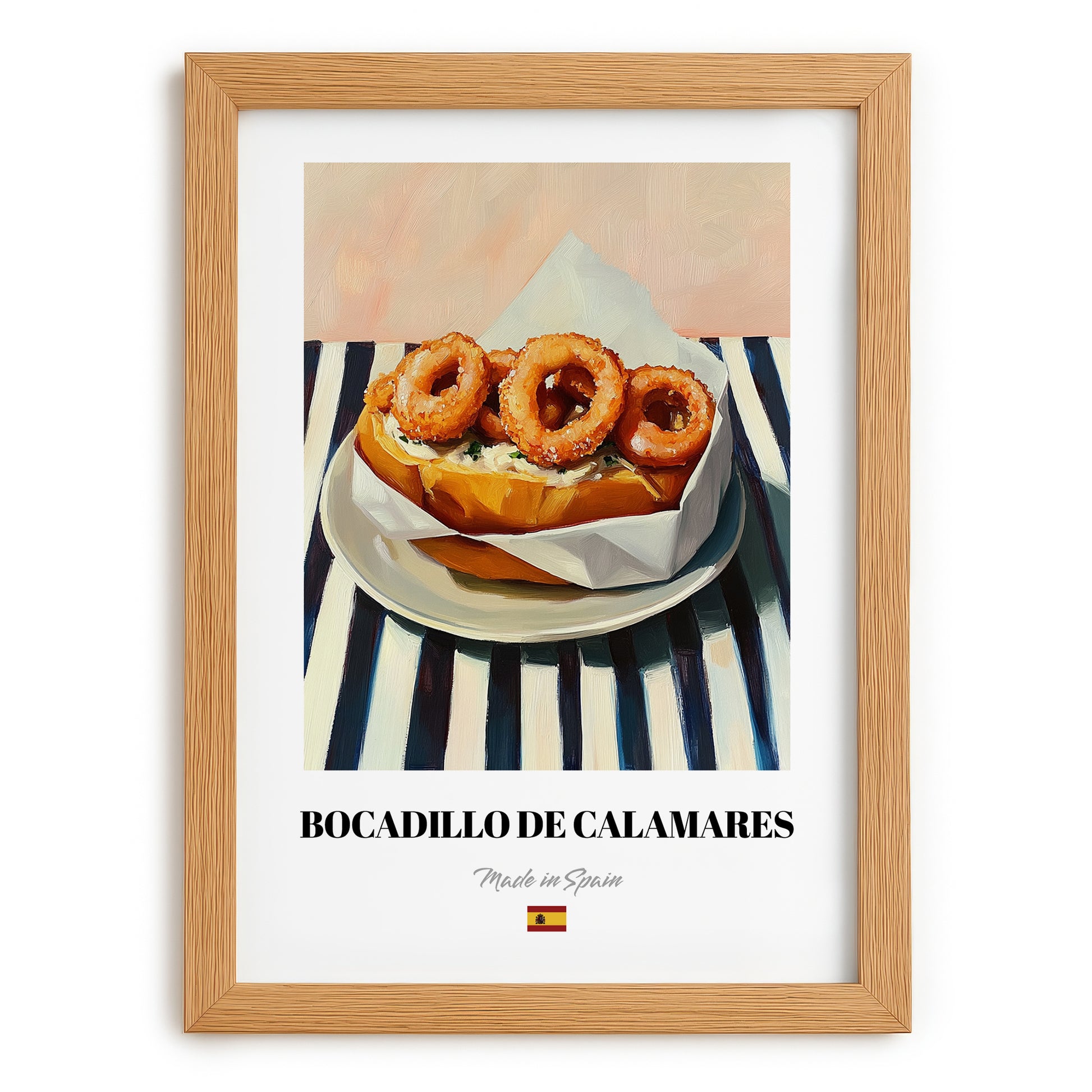 Bocadillo de Calamares – on Striped Tablecloth, Spanish Food Art, set in oak frame