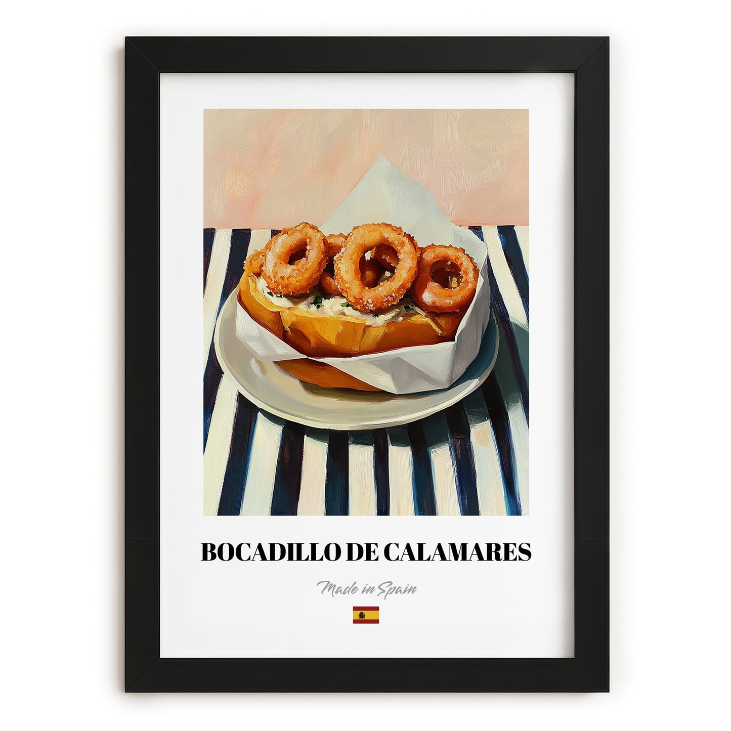 Bocadillo de Calamares – on Striped Tablecloth, Spanish Food Art, in sleek black frame