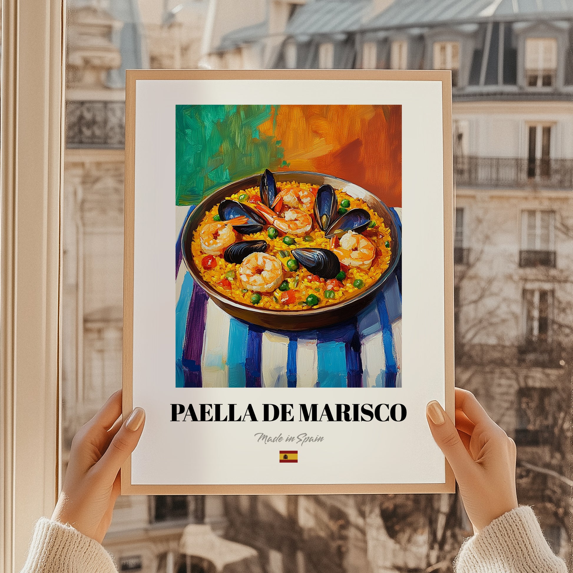 Paella de Marisco – Colorful Oil Painting, Spanish Food Print, styled in a charming Paris street view