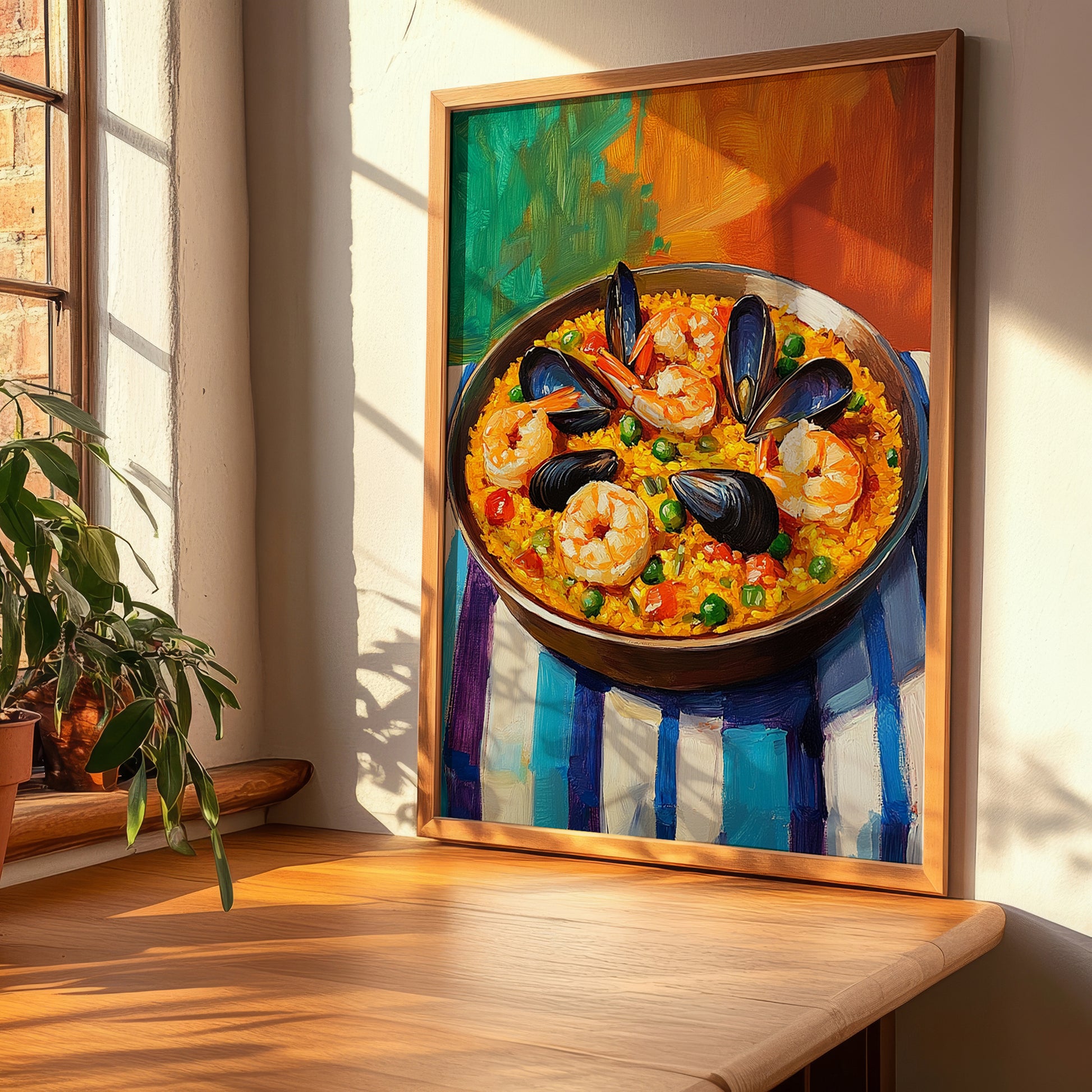 Paella de Marisco – Colorful Oil Painting, Spanish Food Print, clean layout with no caption
