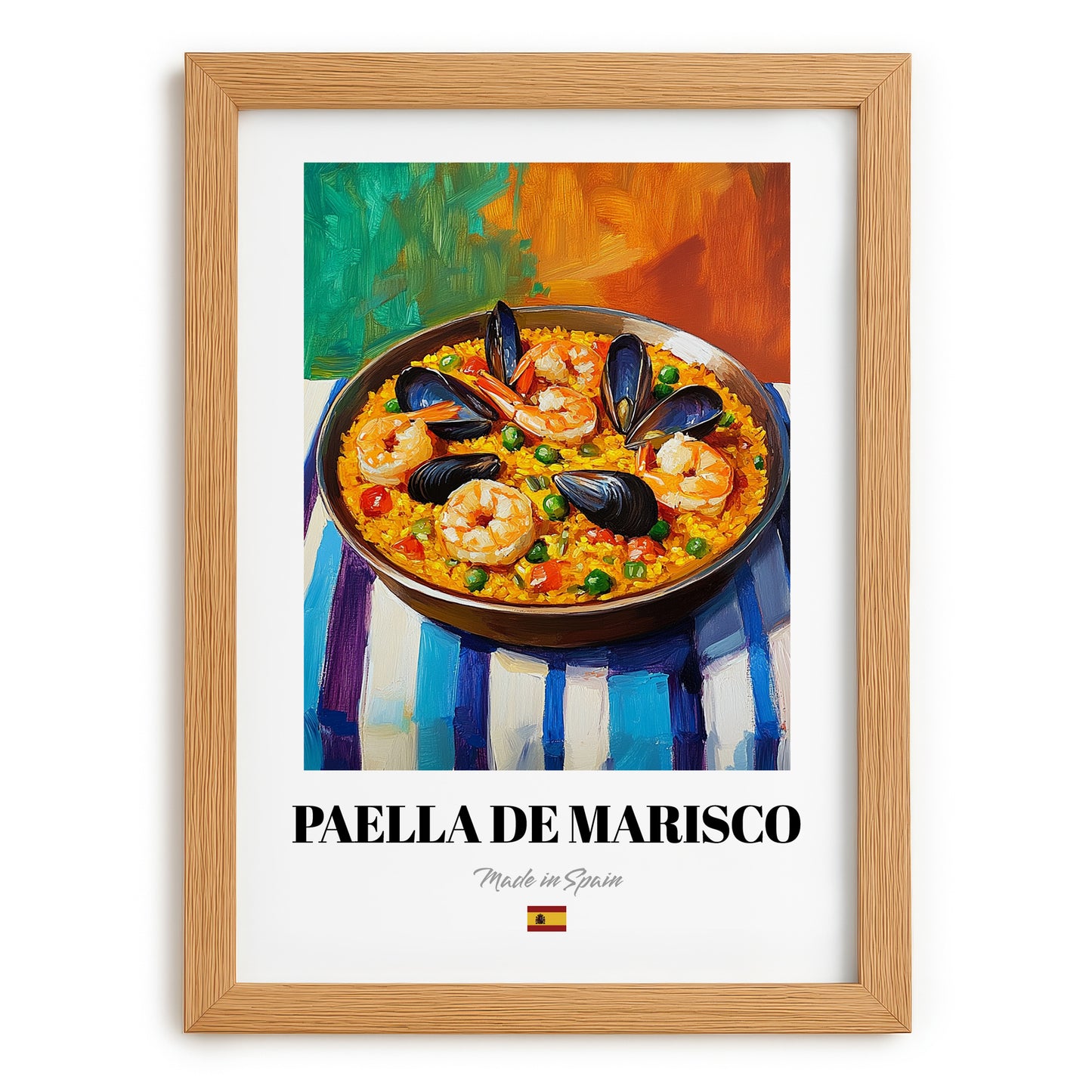 Paella de Marisco – Colorful Oil Painting, Spanish Food Print, set in oak frame