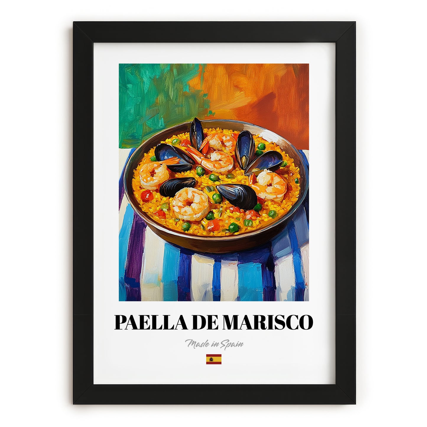 Paella de Marisco – Colorful Oil Painting, Spanish Food Print, in sleek black frame