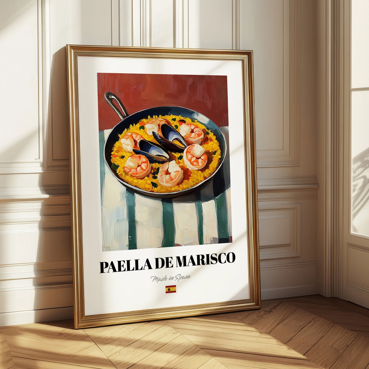 Paella de Marisco – on Striped Tablecloth, Spanish Food Painting