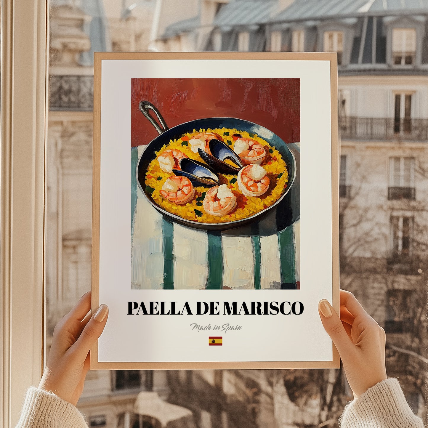 Paella de Marisco – on Striped Tablecloth, Spanish Food Painting, styled in a charming Paris street view