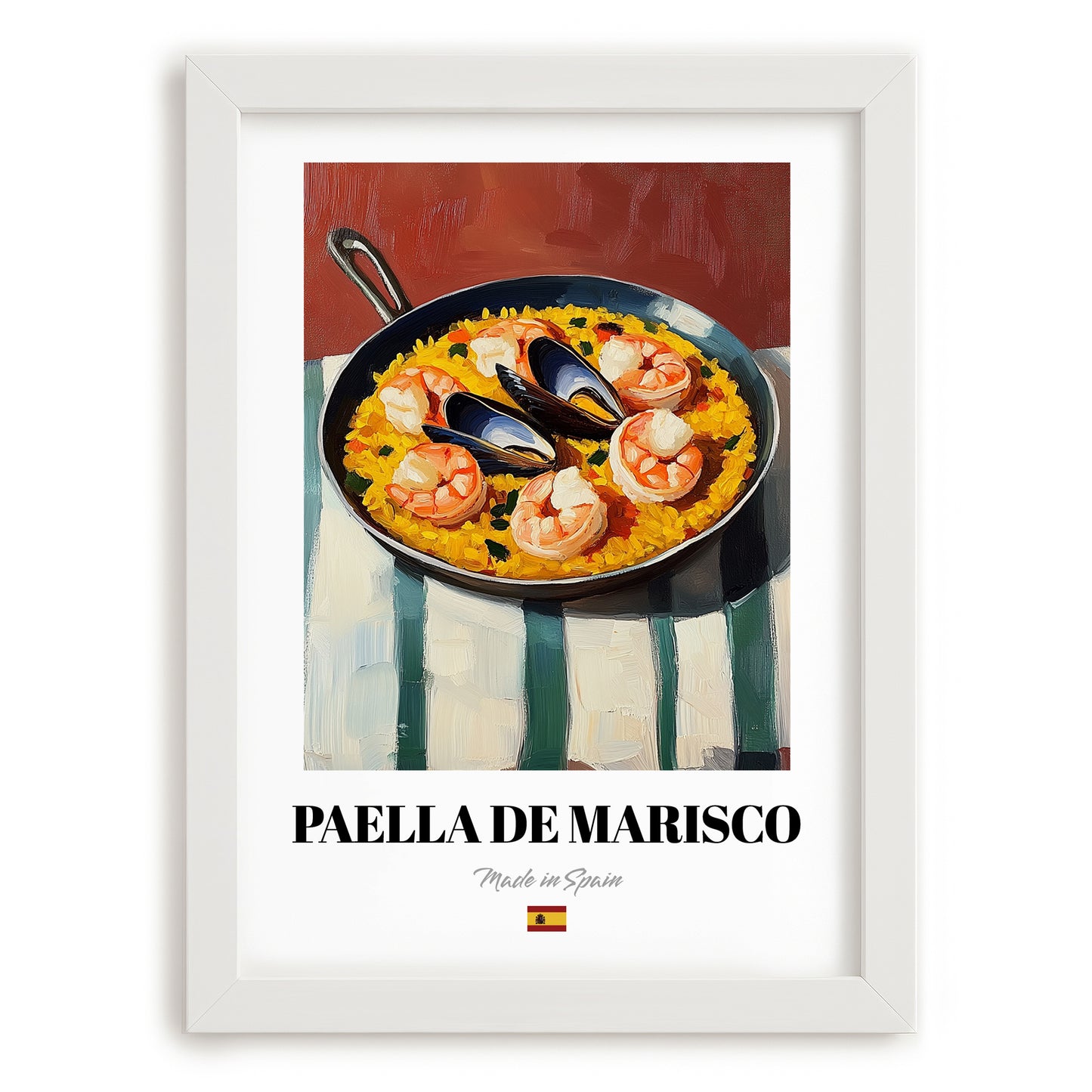 Paella de Marisco – on Striped Tablecloth, Spanish Food Painting, placed in minimal white frame