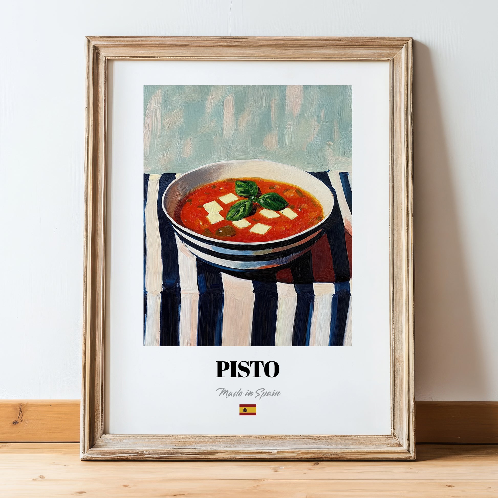 Pisto – on Striped Tablecloth, Spanish Food Painting, in wooden frame leaning on the floor