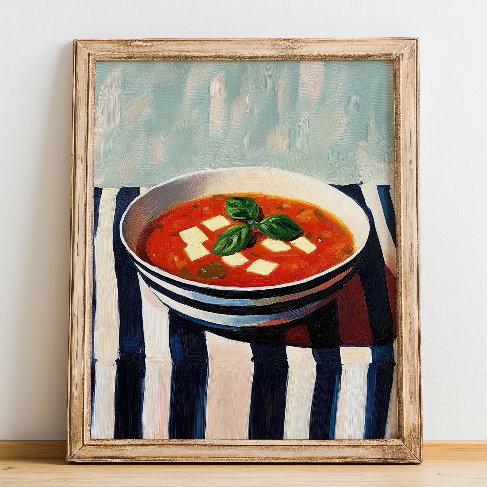 Pisto – on Striped Tablecloth, Spanish Food Painting, no-text version framed in wood