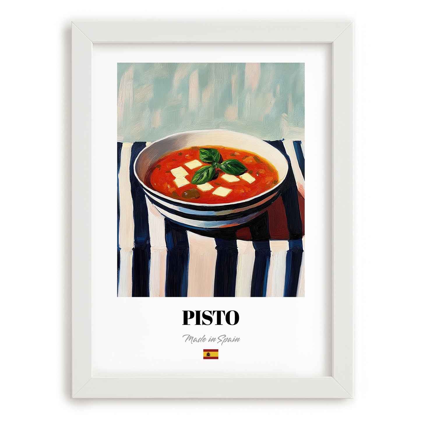 Pisto – on Striped Tablecloth, Spanish Food Painting, placed in minimal white frame