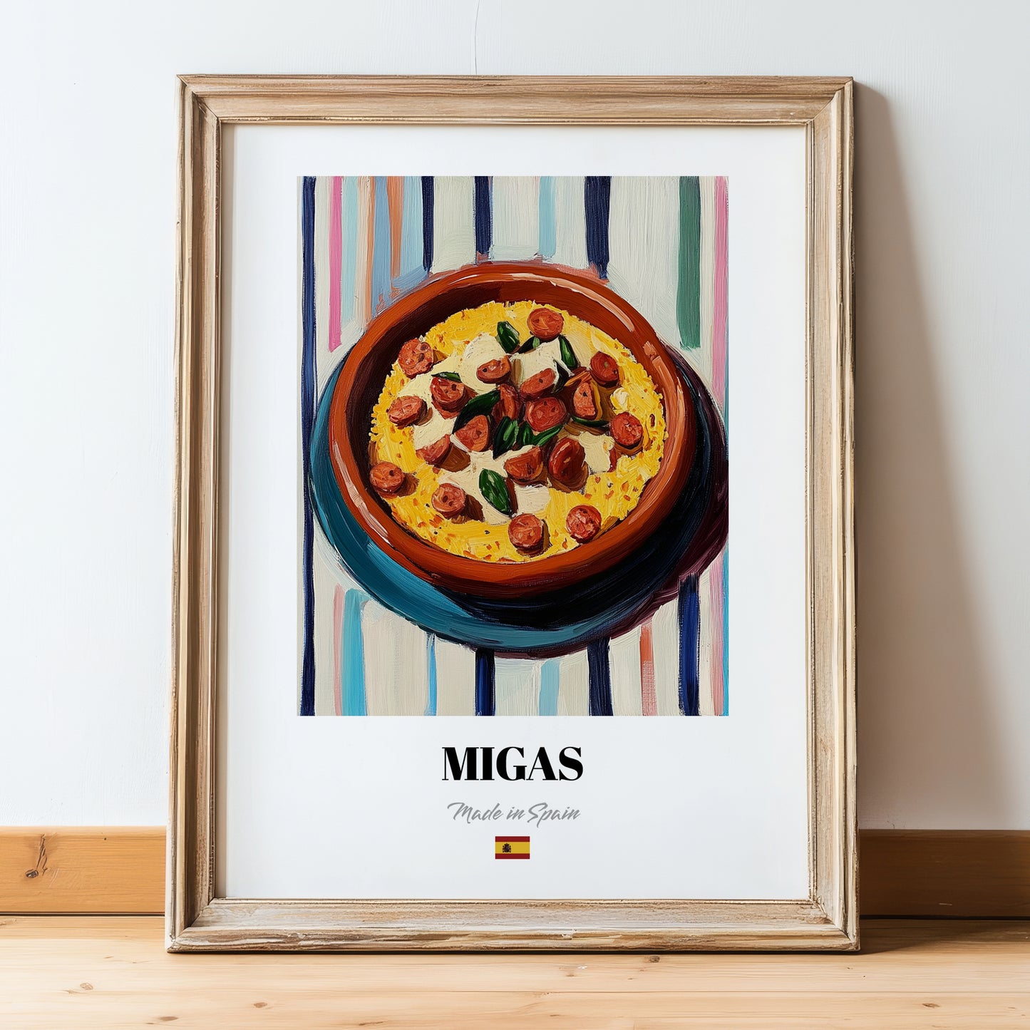 Migas – on Striped Tablecloth, Spanish Food Painting, in wooden frame leaning on the floor