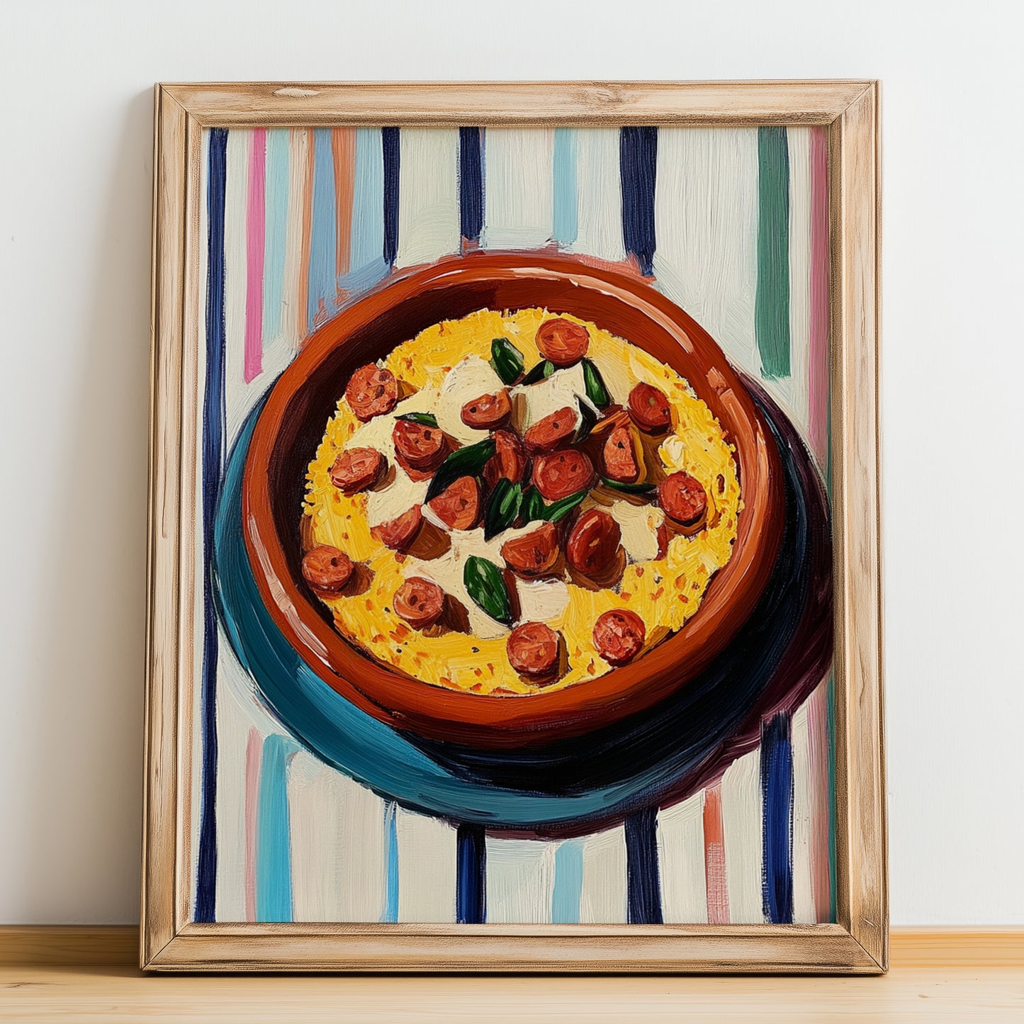 Migas – on Striped Tablecloth, Spanish Food Painting, no-text version framed in wood