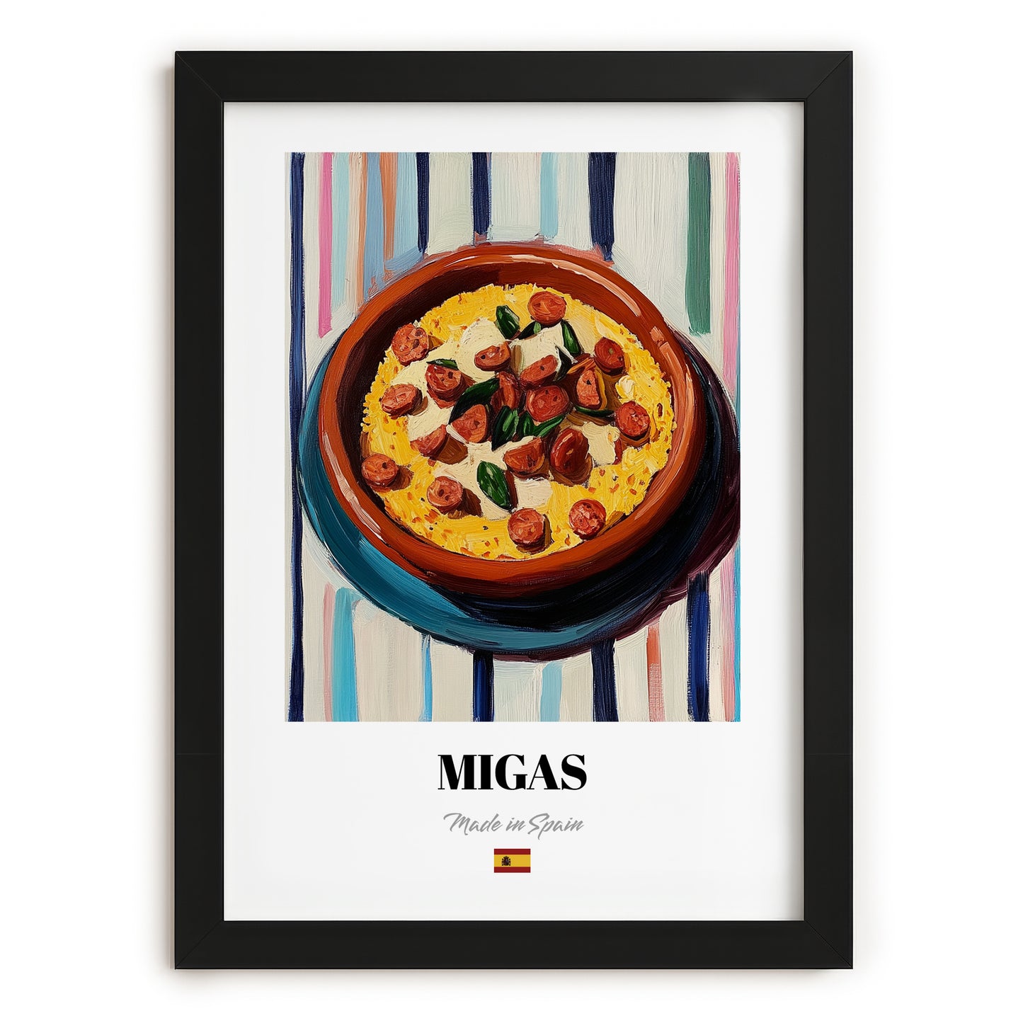 Migas – on Striped Tablecloth, Spanish Food Painting, in sleek black frame